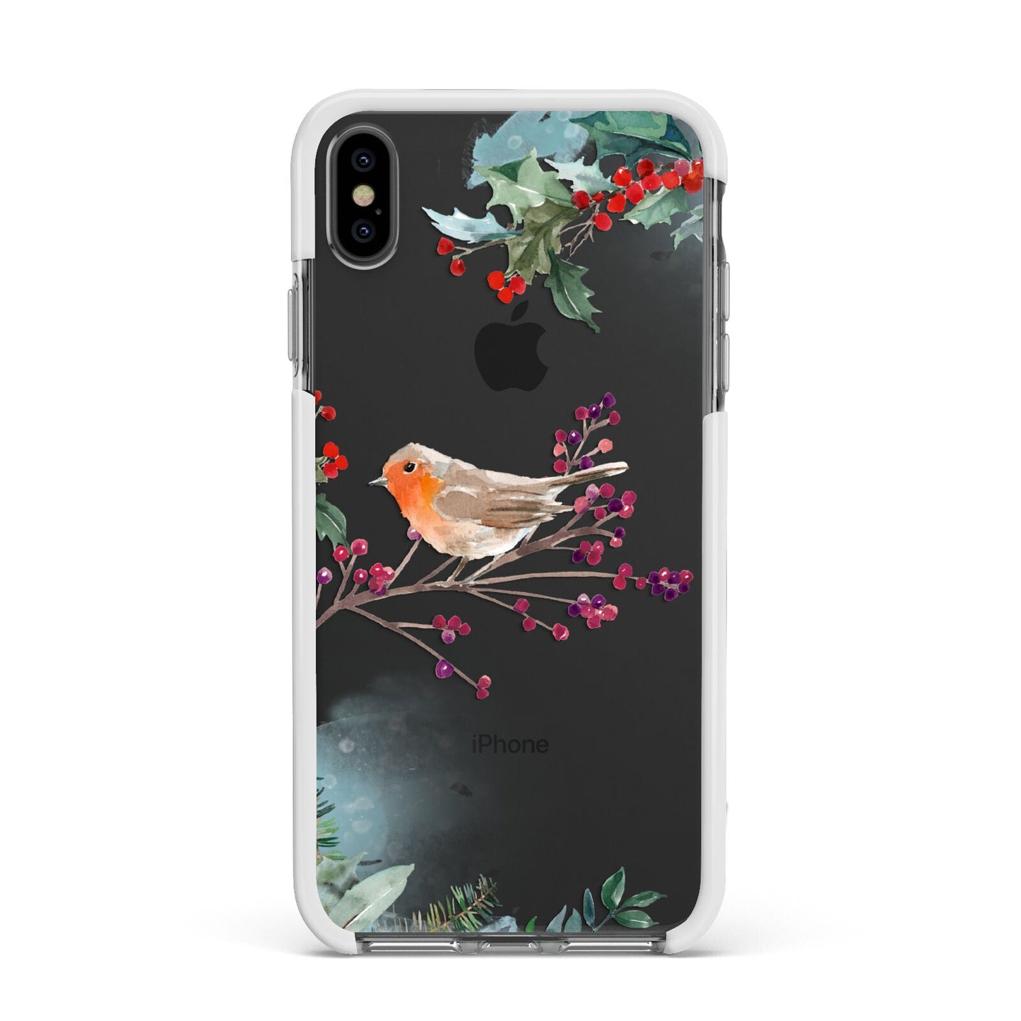Christmas Robin Floral Apple iPhone Xs Max Impact Case White Edge on Black Phone
