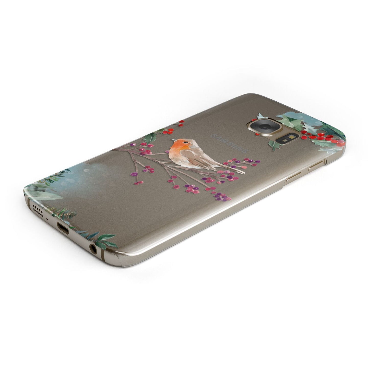 Christmas Robin Floral Protective Samsung Galaxy Case Angled Image