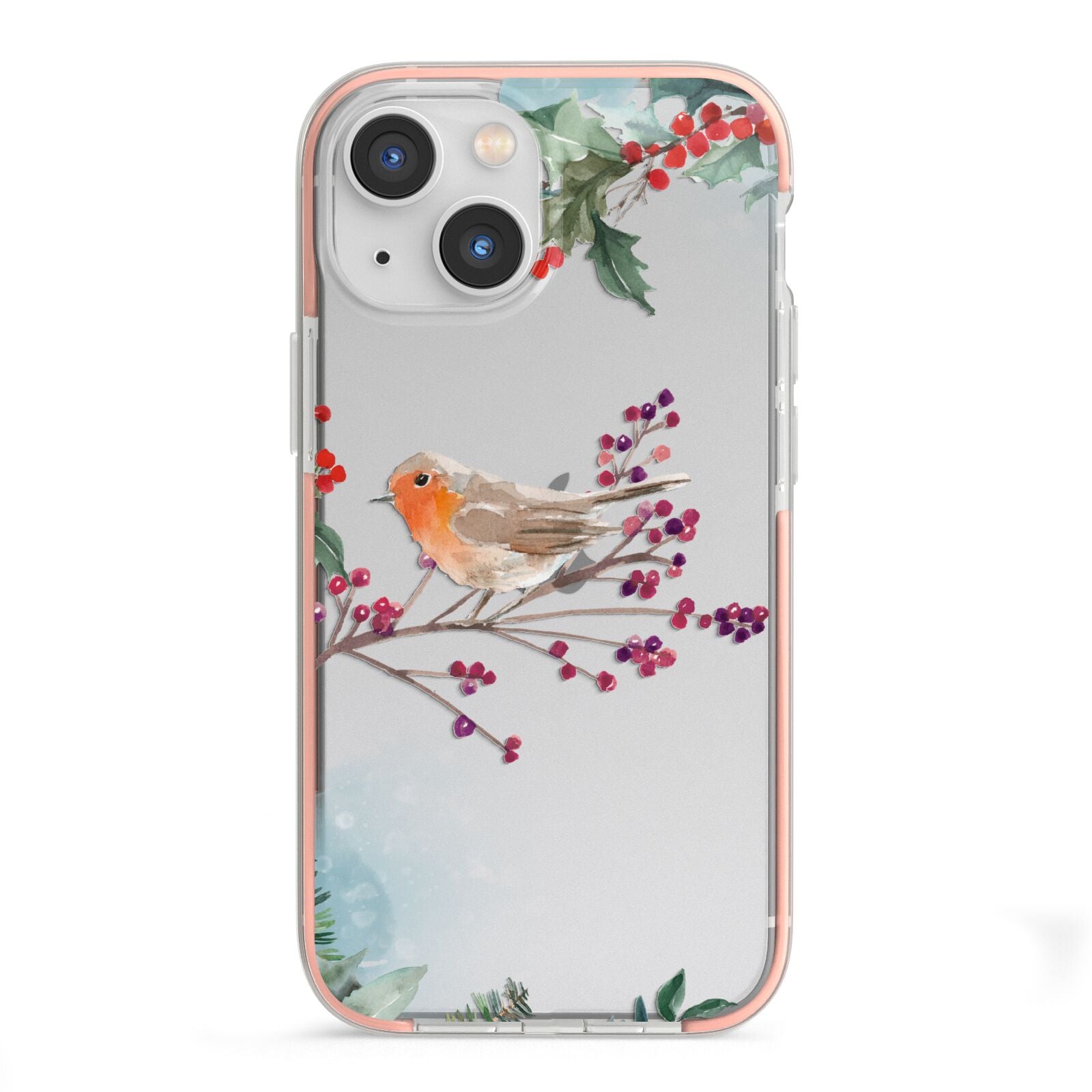 Christmas Robin Floral iPhone 13 Mini TPU Impact Case with Pink Edges