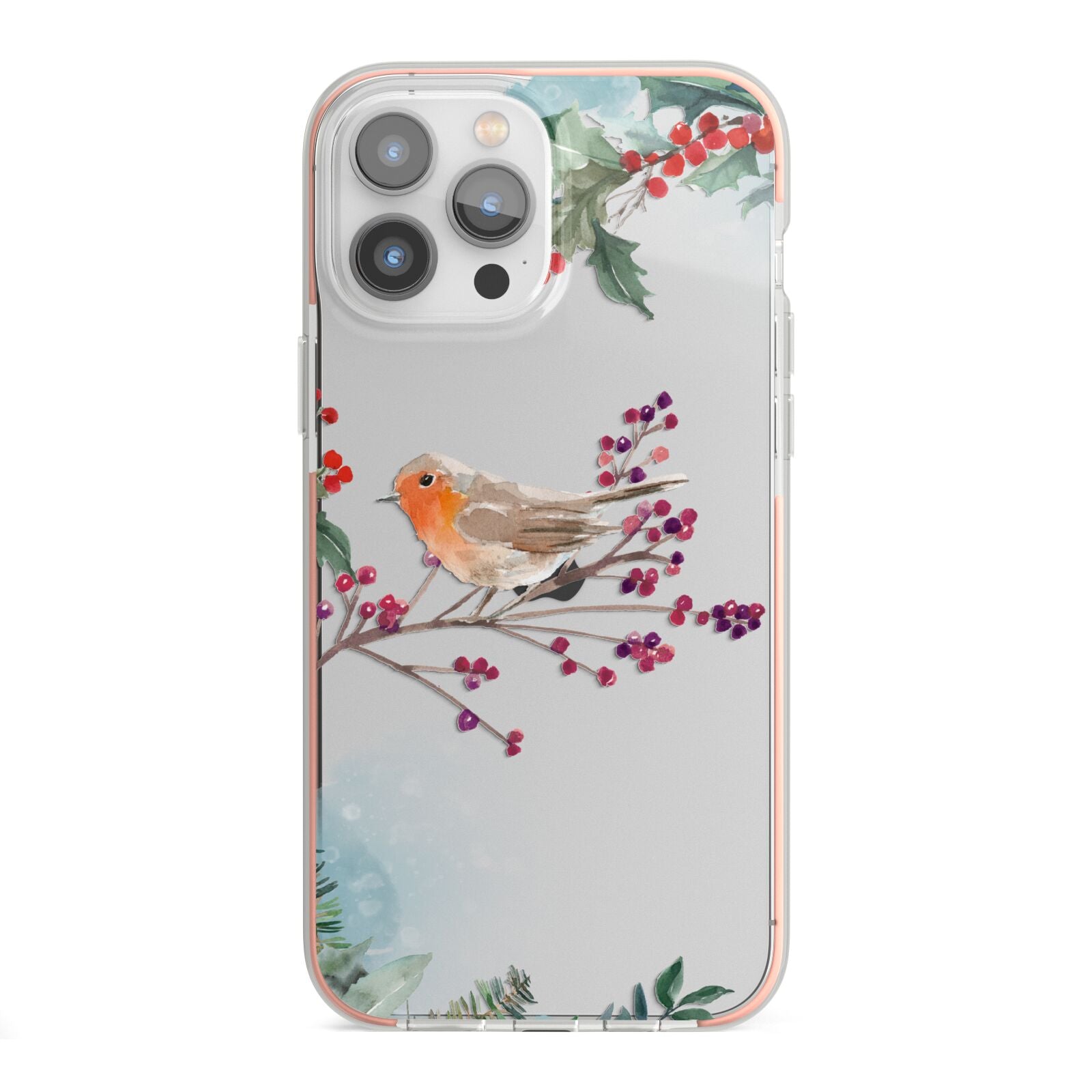 Christmas Robin Floral iPhone 13 Pro Max TPU Impact Case with Pink Edges