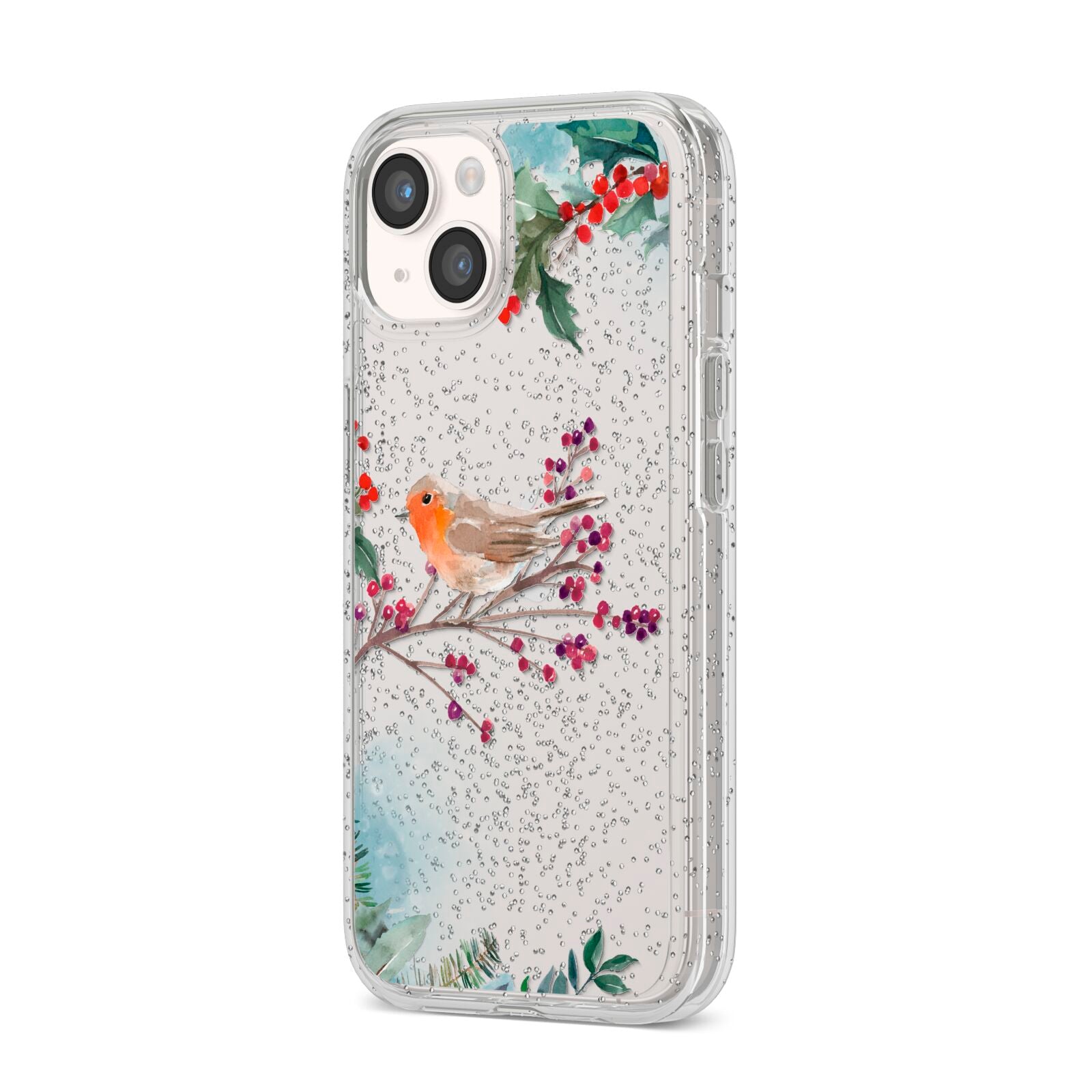 Christmas Robin Floral iPhone 14 Glitter Tough Case Starlight Angled Image