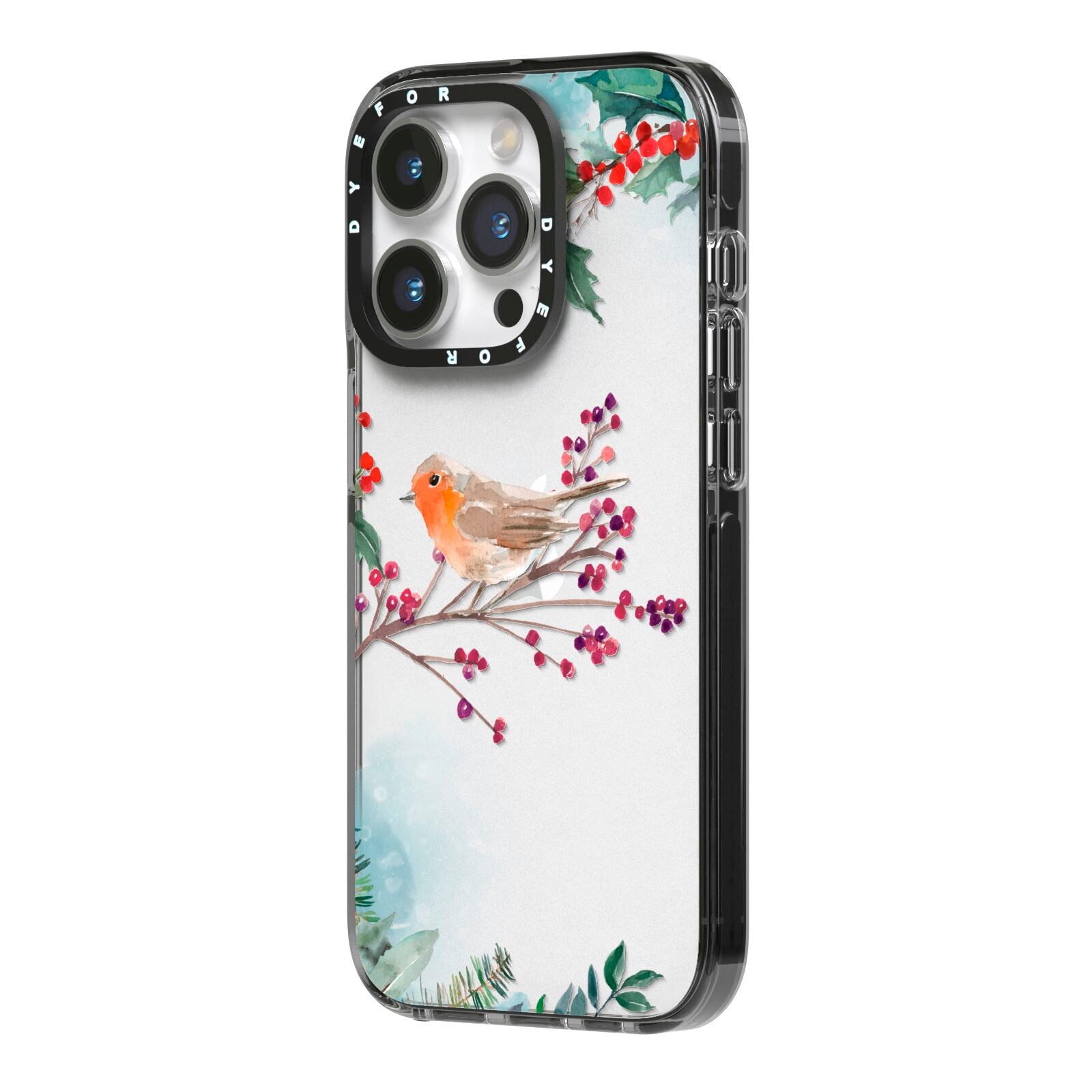 Christmas Robin Floral iPhone 14 Pro Black Impact Case Side Angle on Silver phone