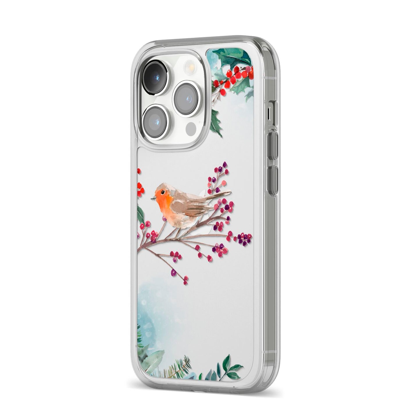 Christmas Robin Floral iPhone 14 Pro Clear Tough Case Silver Angled Image