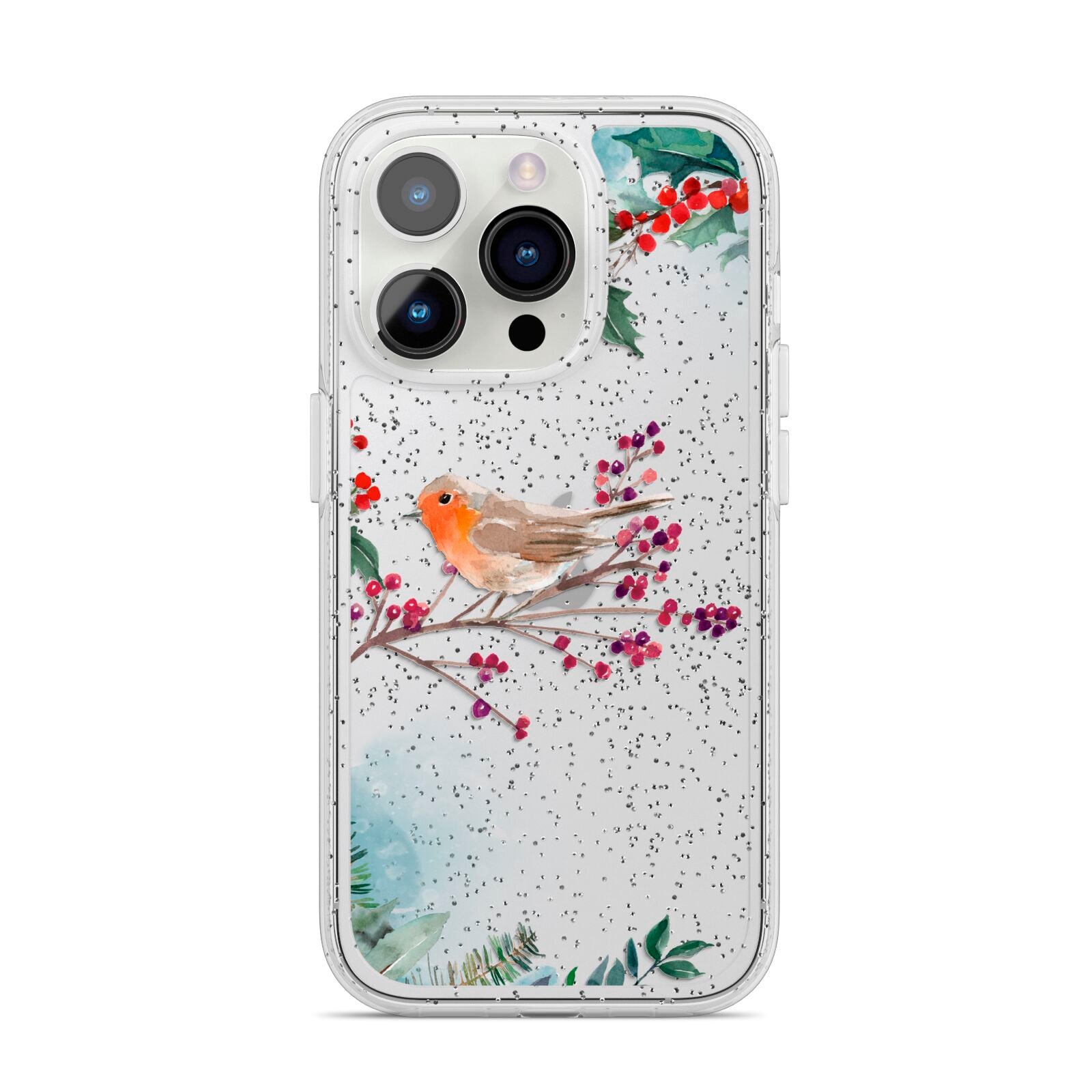 Christmas Robin Floral iPhone 14 Pro Glitter Tough Case Silver