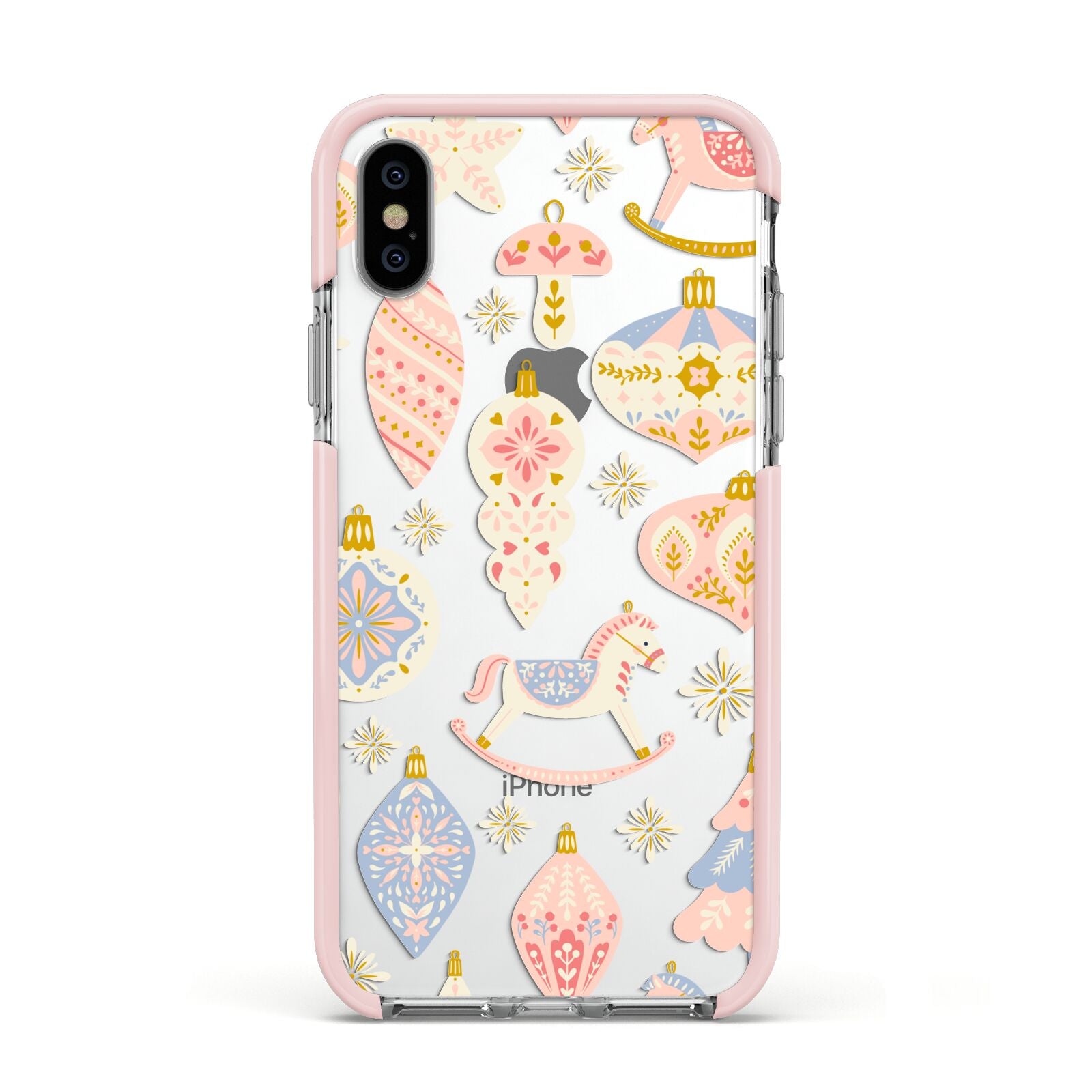 Christmas Rocking Horse Apple iPhone Xs Impact Case Pink Edge on Silver Phone