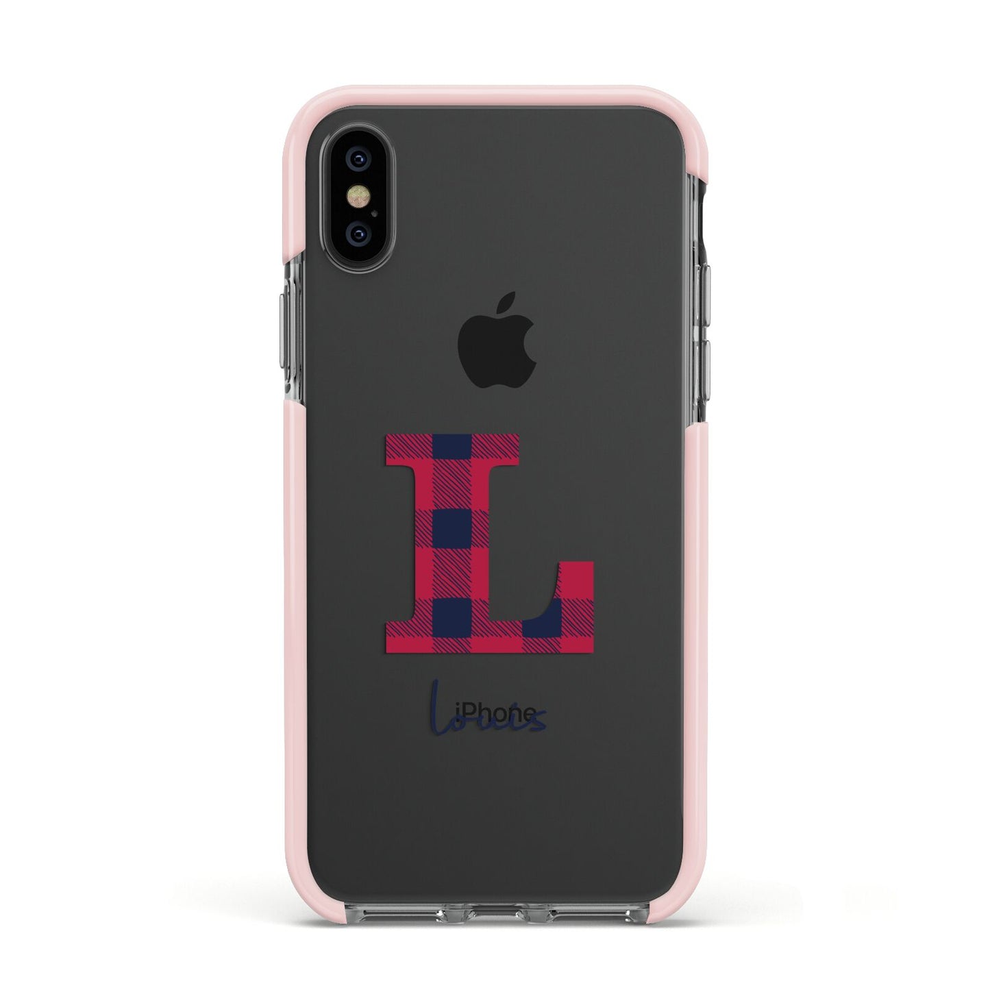 Christmas Tartan Personalised Apple iPhone Xs Impact Case Pink Edge on Black Phone