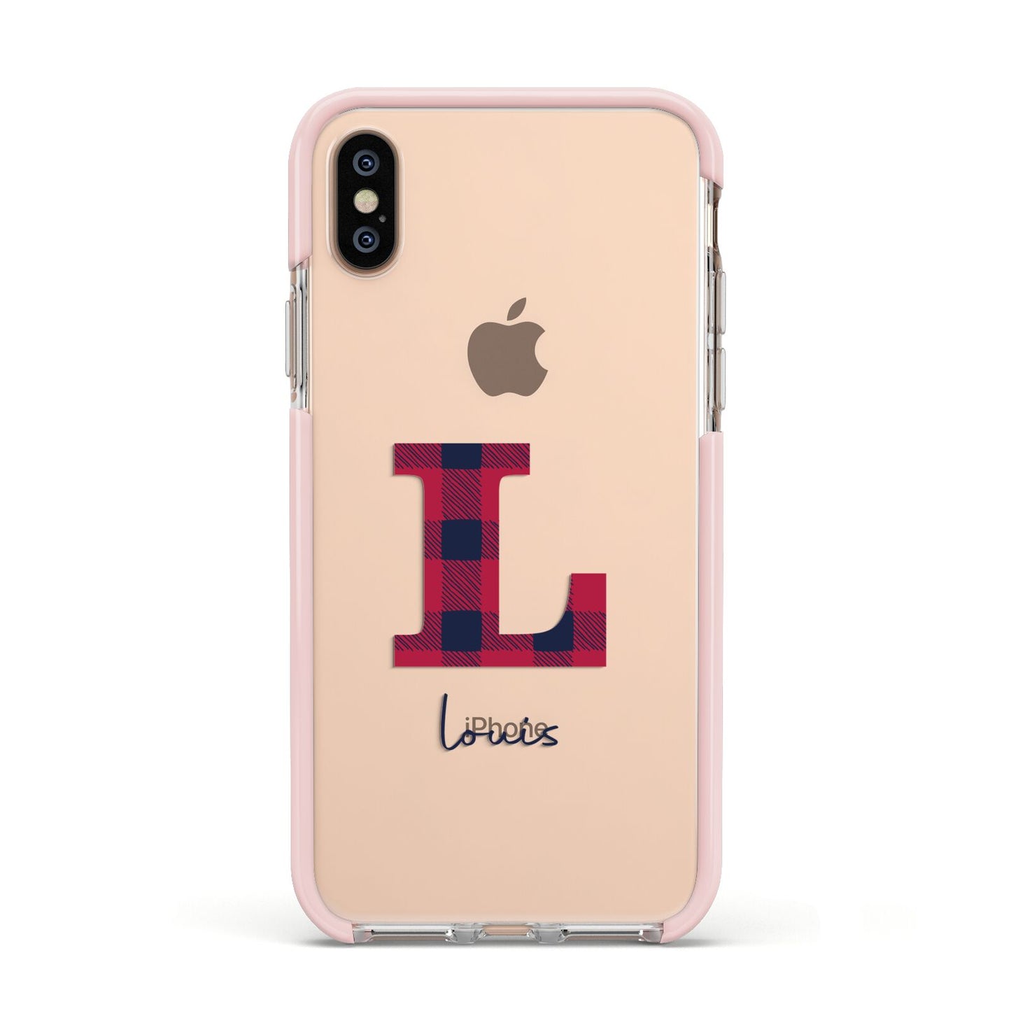 Christmas Tartan Personalised Apple iPhone Xs Impact Case Pink Edge on Gold Phone