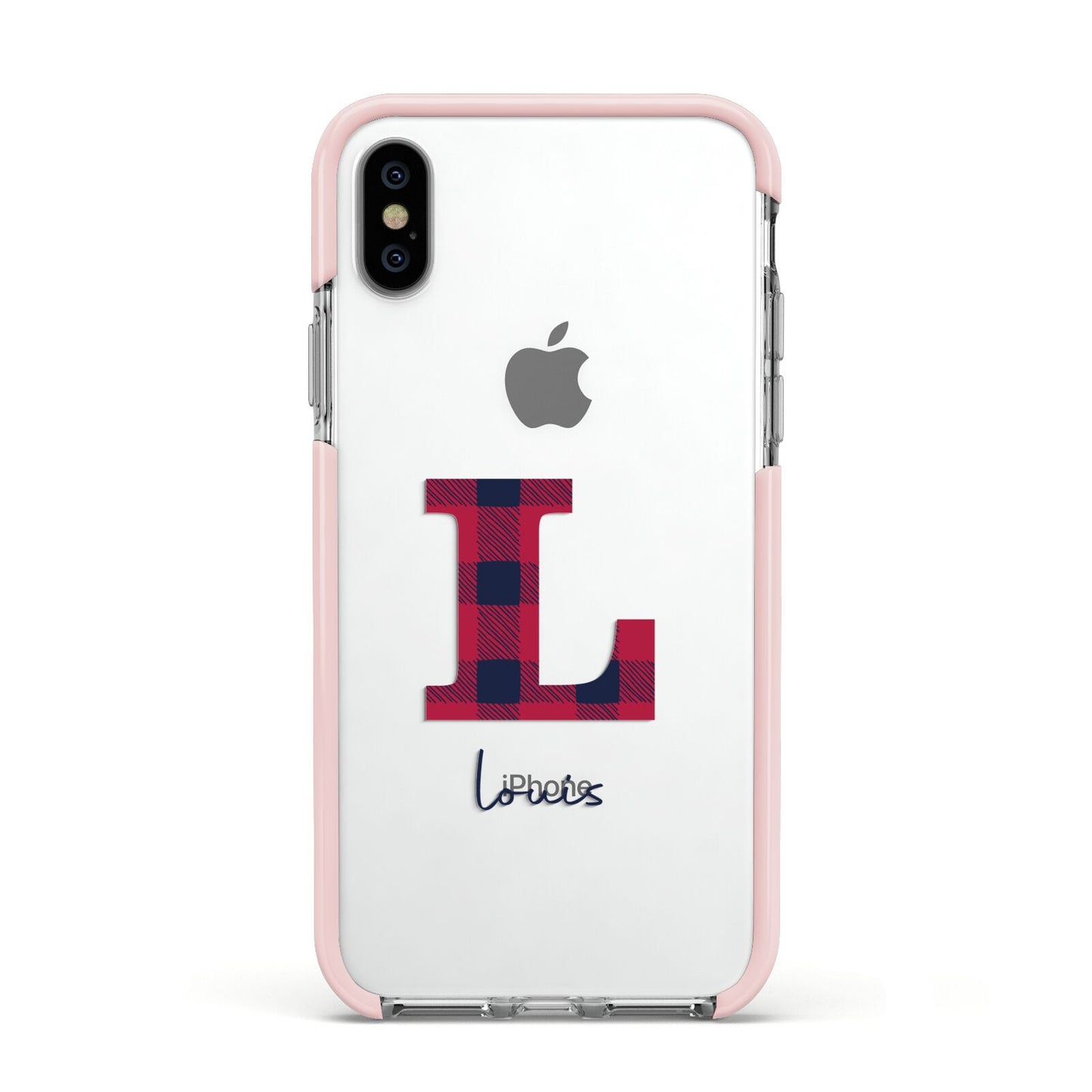 Christmas Tartan Personalised Apple iPhone Xs Impact Case Pink Edge on Silver Phone