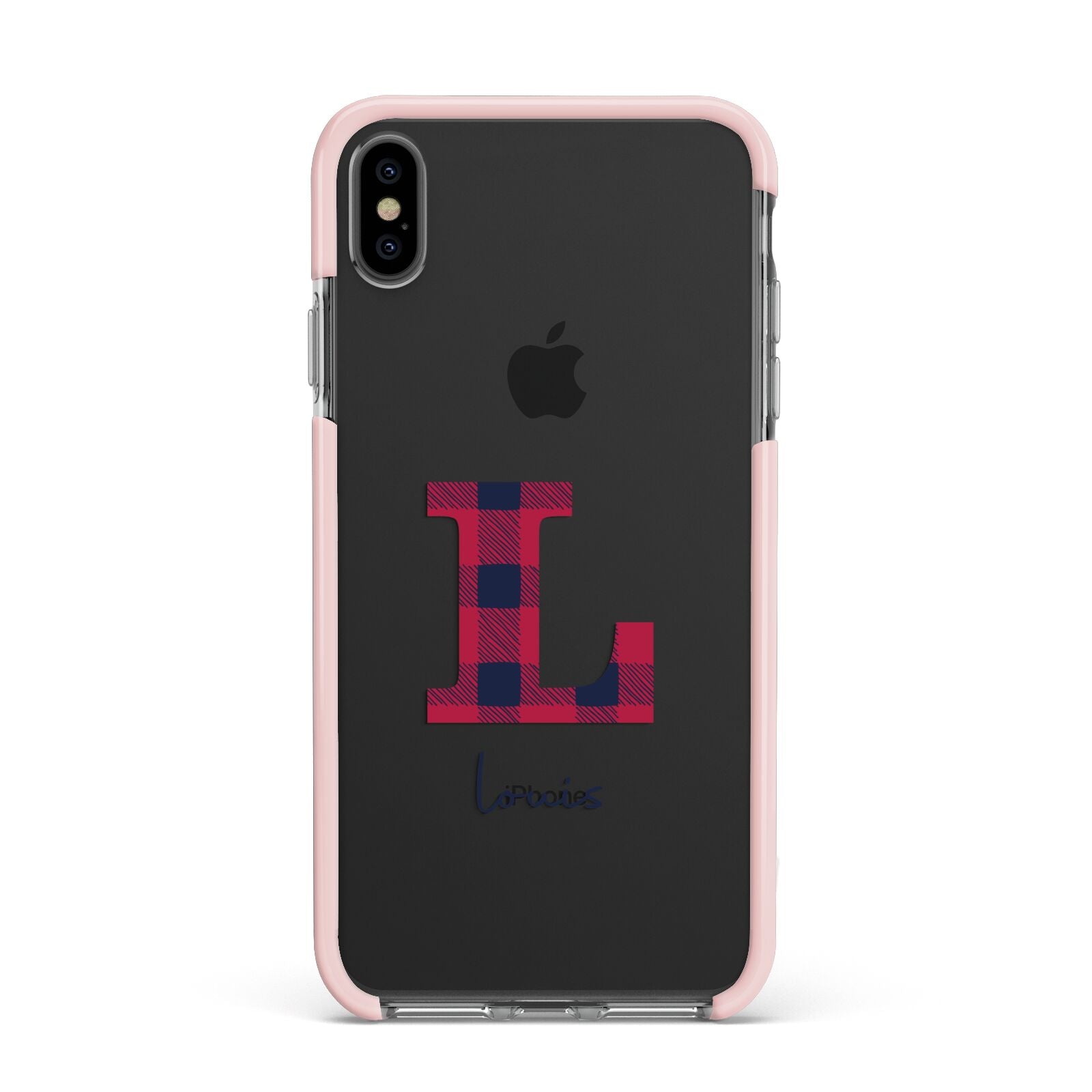 Christmas Tartan Personalised Apple iPhone Xs Max Impact Case Pink Edge on Black Phone