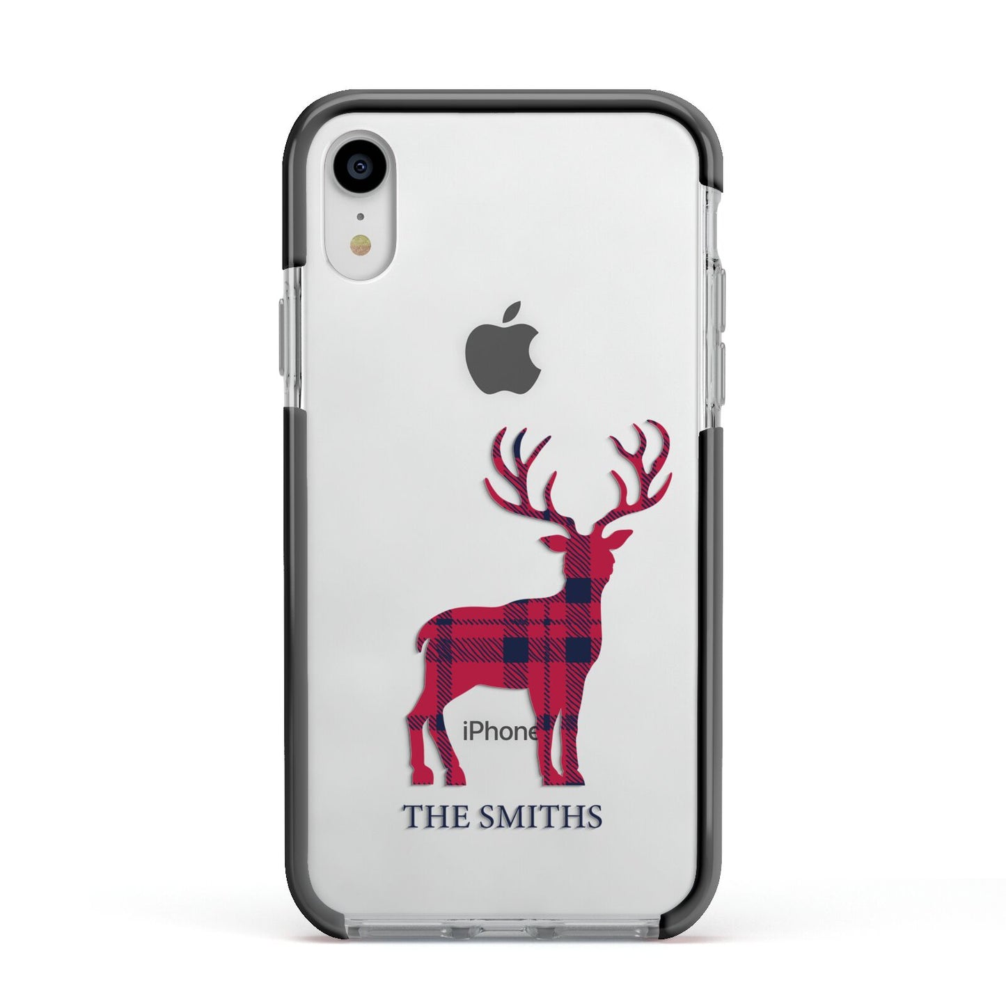 Christmas Tartan Reindeer Personalised Apple iPhone XR Impact Case Black Edge on Silver Phone