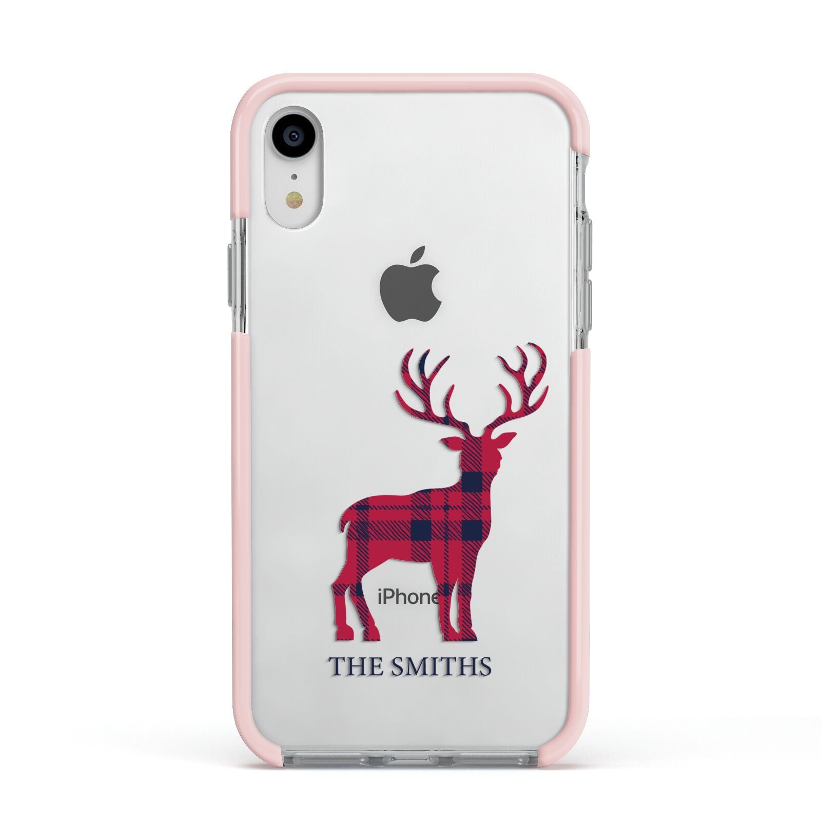 Christmas Tartan Reindeer Personalised Apple iPhone XR Impact Case Pink Edge on Silver Phone