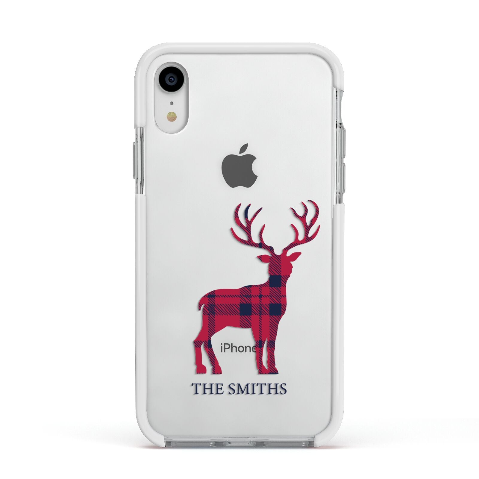 Christmas Tartan Reindeer Personalised Apple iPhone XR Impact Case White Edge on Silver Phone