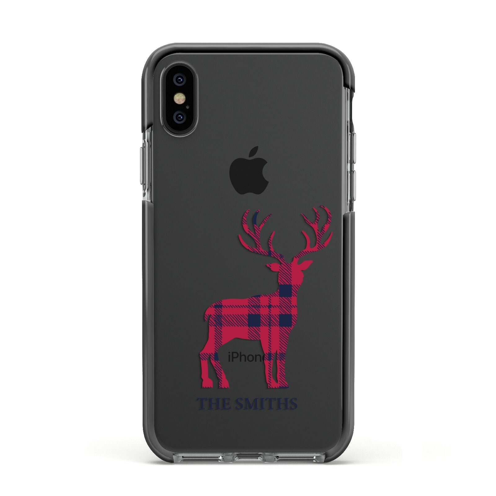 Christmas Tartan Reindeer Personalised Apple iPhone Xs Impact Case Black Edge on Black Phone