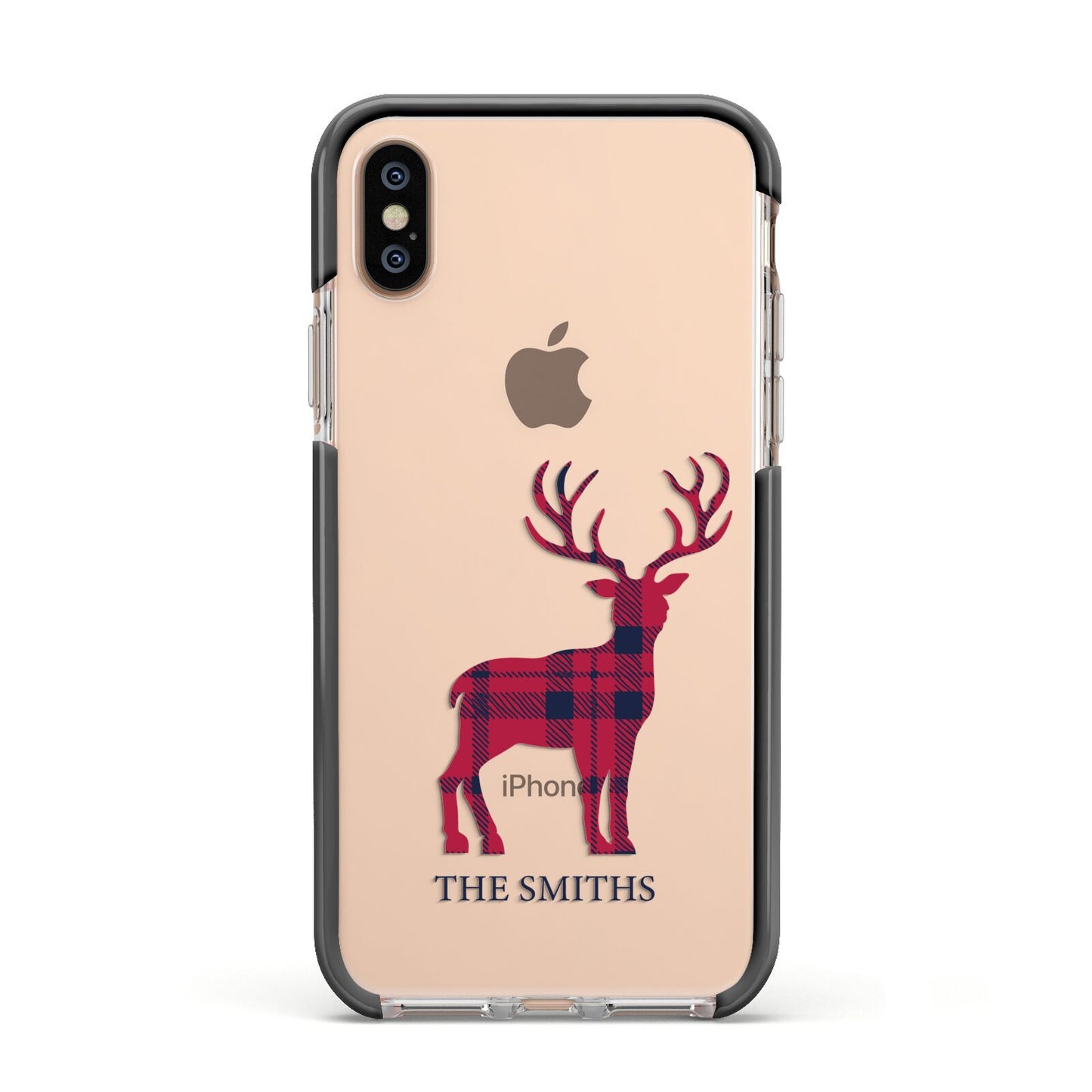 Christmas Tartan Reindeer Personalised Apple iPhone Xs Impact Case Black Edge on Gold Phone