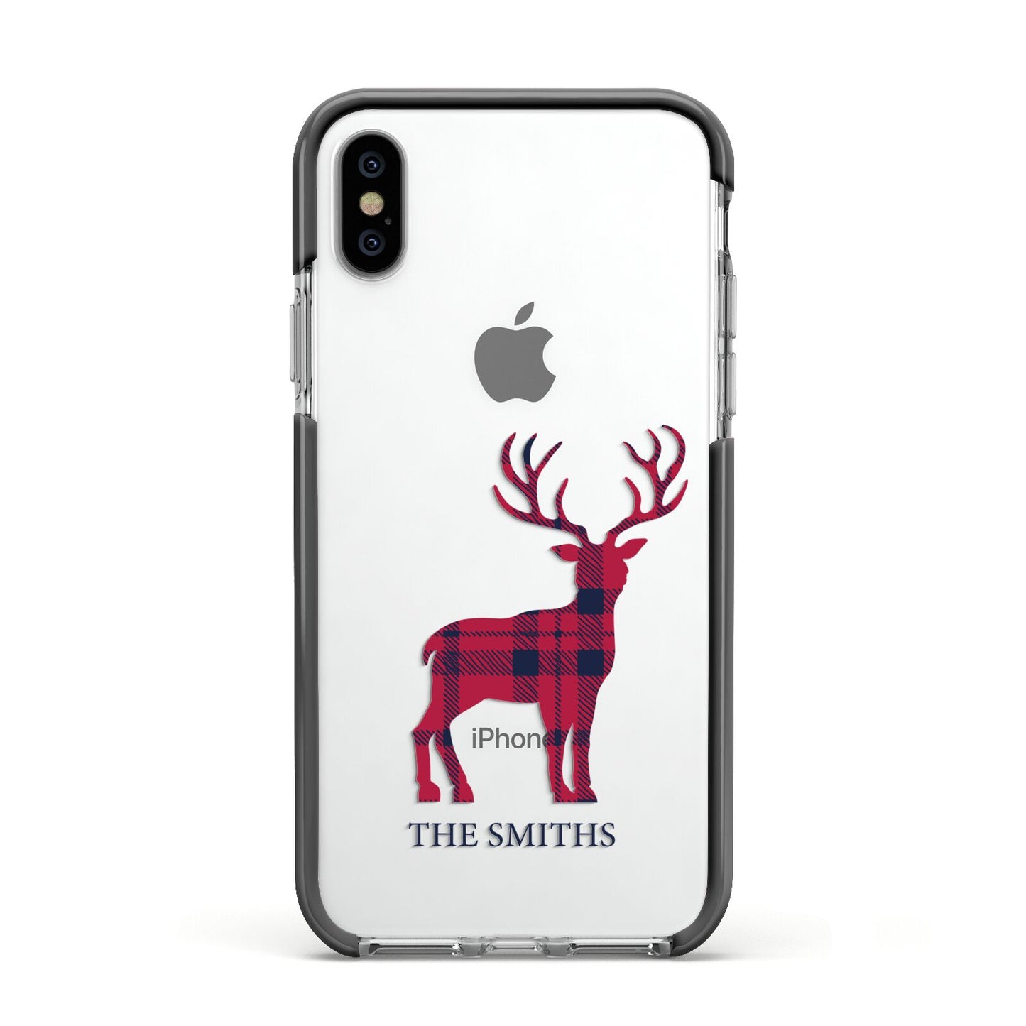 Christmas Tartan Reindeer Personalised Apple iPhone Xs Impact Case Black Edge on Silver Phone