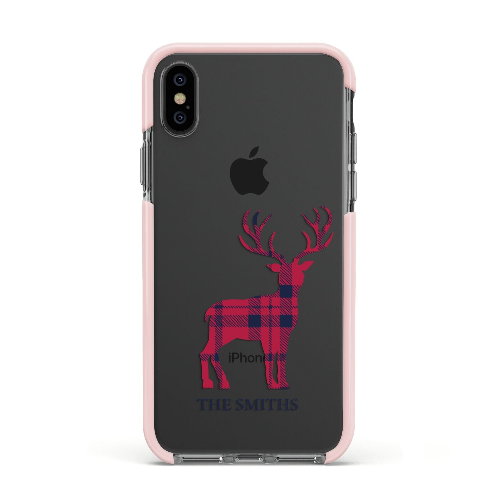 Christmas Tartan Reindeer Personalised Apple iPhone Xs Impact Case Pink Edge on Black Phone