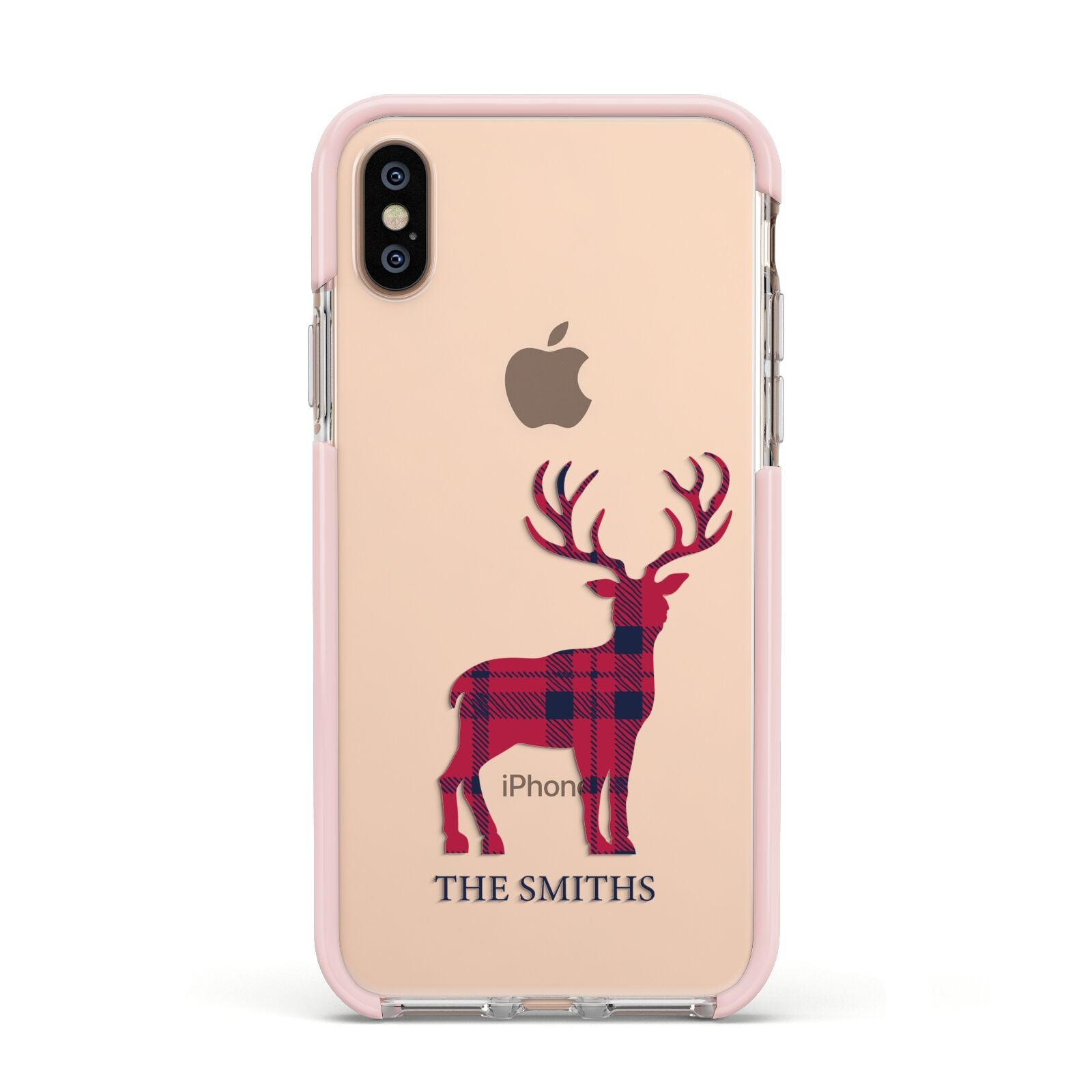 Christmas Tartan Reindeer Personalised Apple iPhone Xs Impact Case Pink Edge on Gold Phone