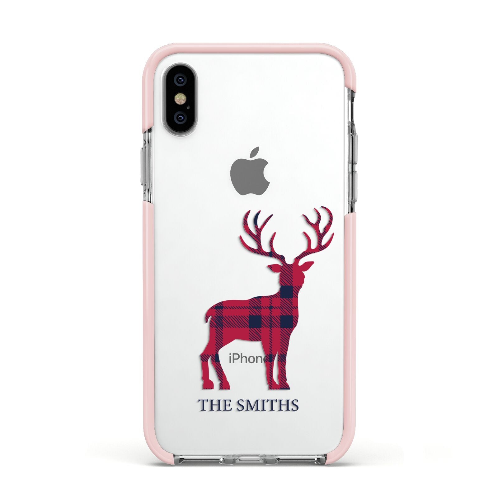 Christmas Tartan Reindeer Personalised Apple iPhone Xs Impact Case Pink Edge on Silver Phone