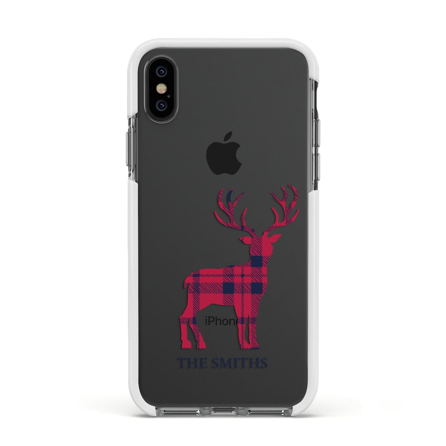 Christmas Tartan Reindeer Personalised Apple iPhone Xs Impact Case White Edge on Black Phone