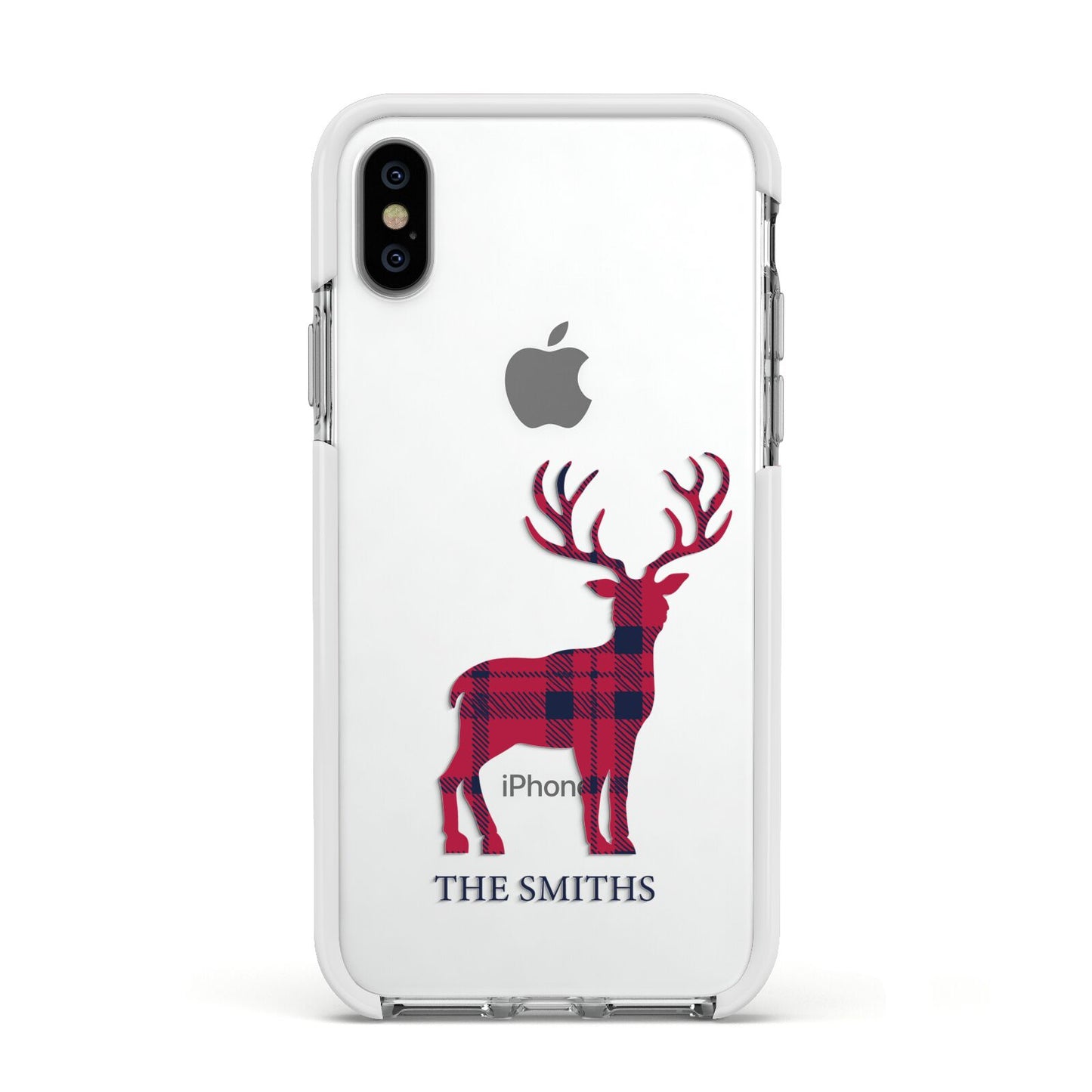 Christmas Tartan Reindeer Personalised Apple iPhone Xs Impact Case White Edge on Silver Phone