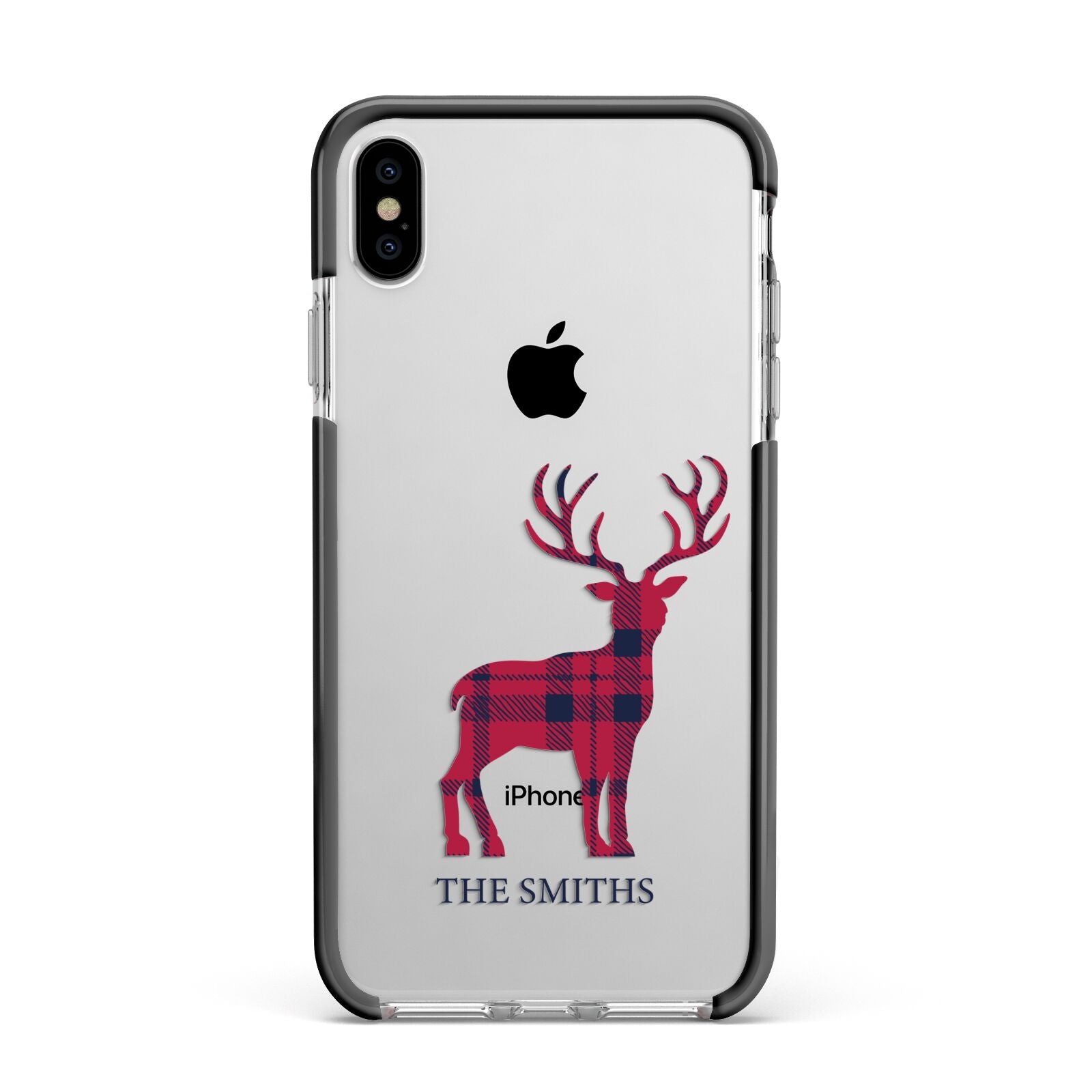 Christmas Tartan Reindeer Personalised Apple iPhone Xs Max Impact Case Black Edge on Silver Phone