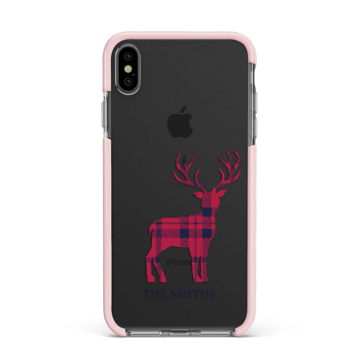 Christmas Tartan Reindeer Personalised Apple iPhone Xs Max Impact Case Pink Edge on Black Phone