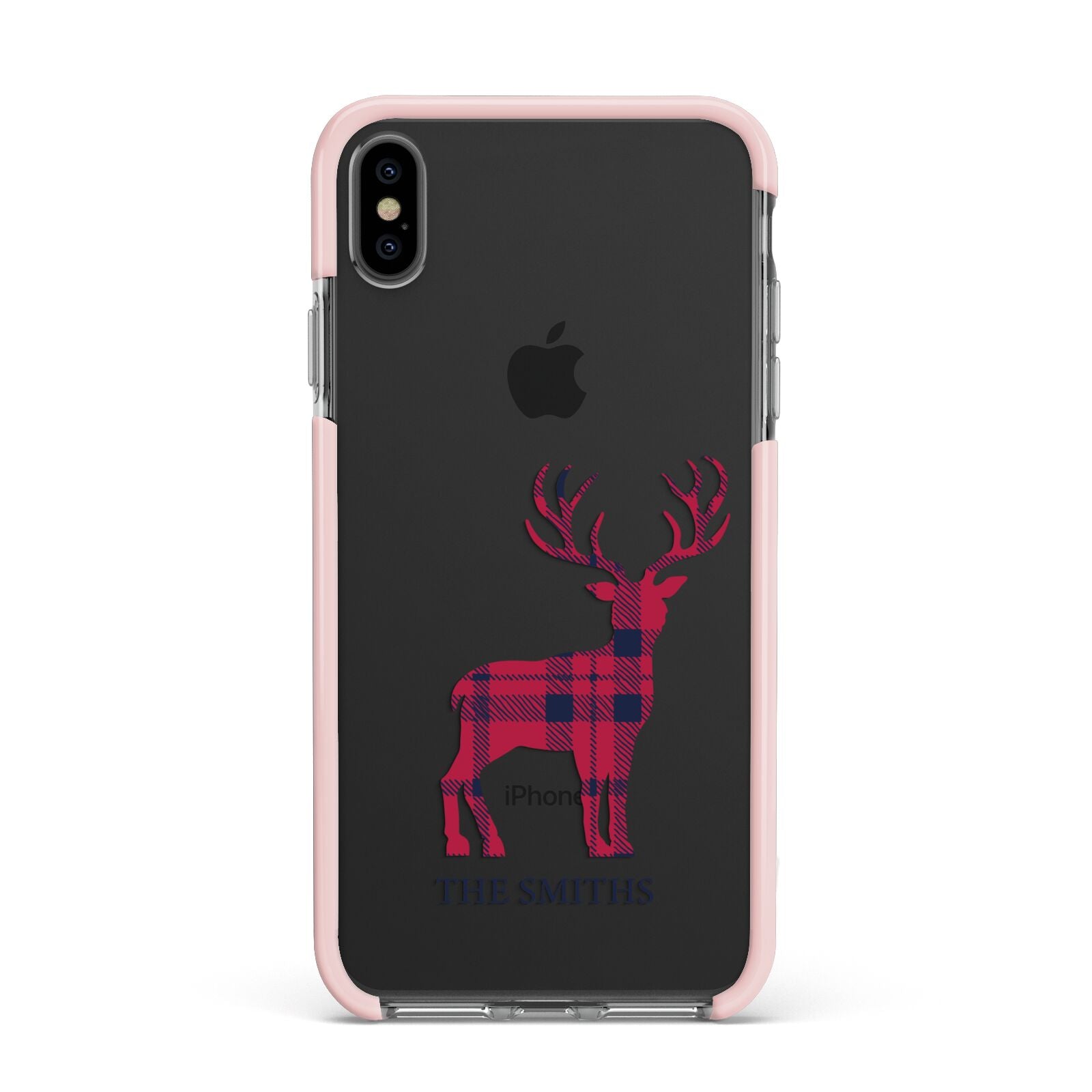 Christmas Tartan Reindeer Personalised Apple iPhone Xs Max Impact Case Pink Edge on Black Phone