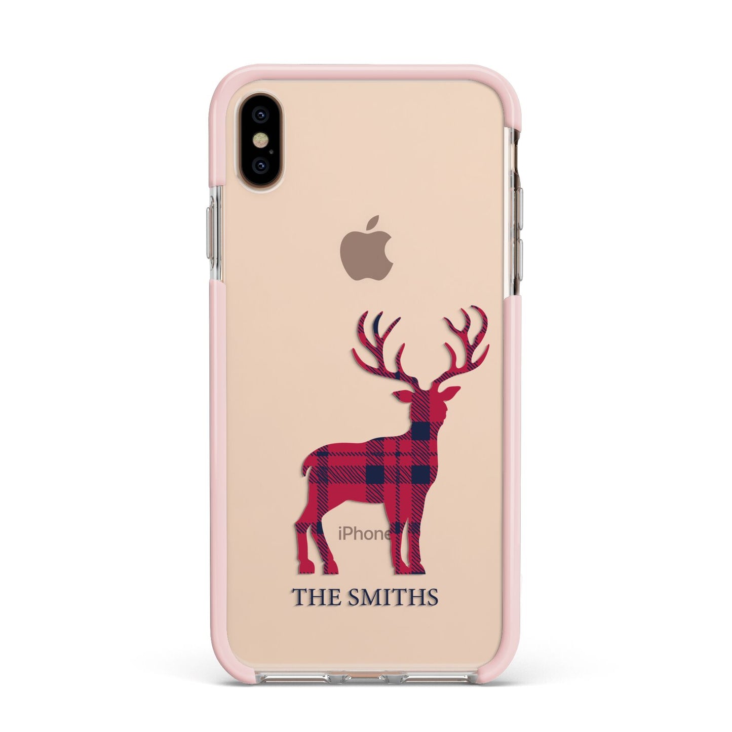 Christmas Tartan Reindeer Personalised Apple iPhone Xs Max Impact Case Pink Edge on Gold Phone