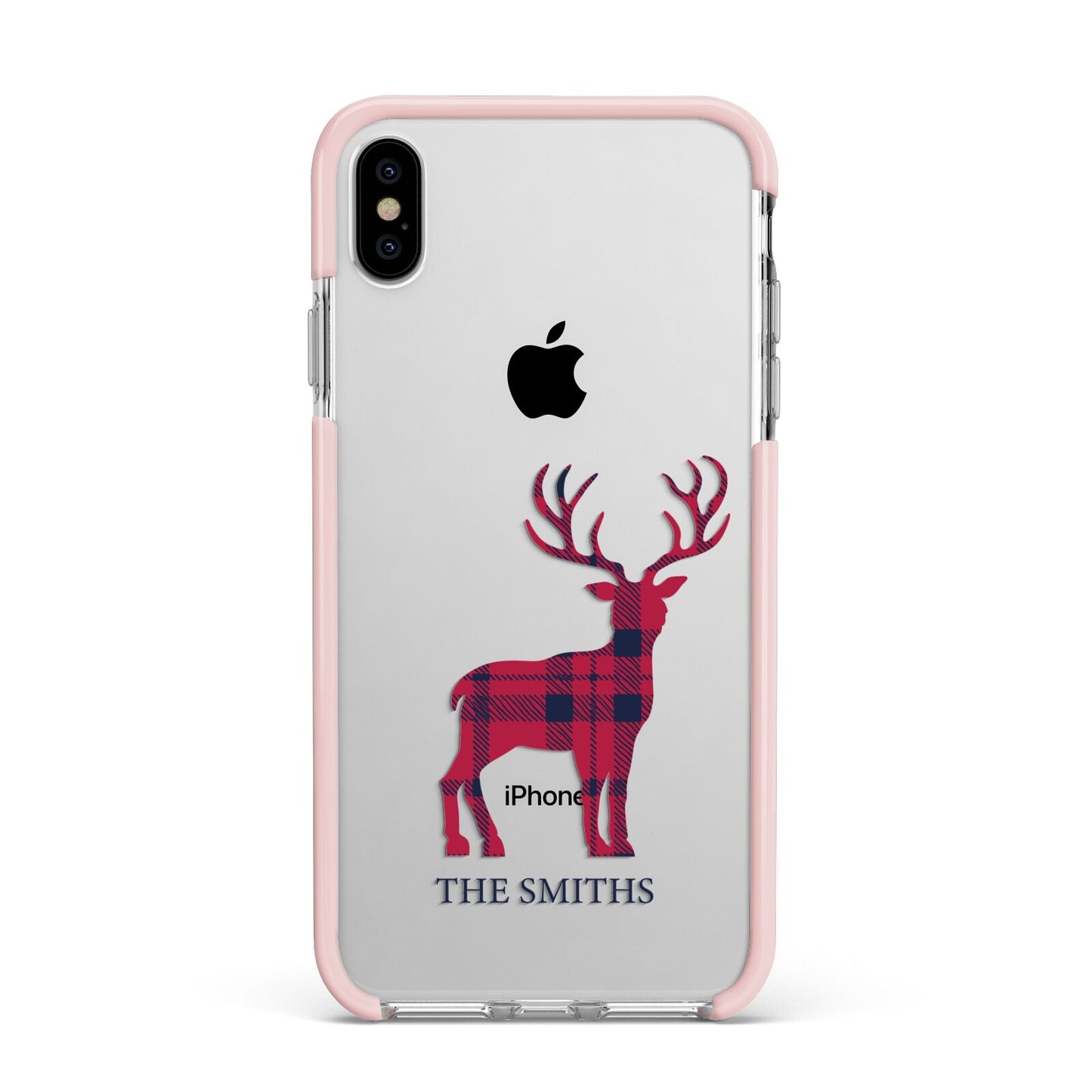 Christmas Tartan Reindeer Personalised Apple iPhone Xs Max Impact Case Pink Edge on Silver Phone