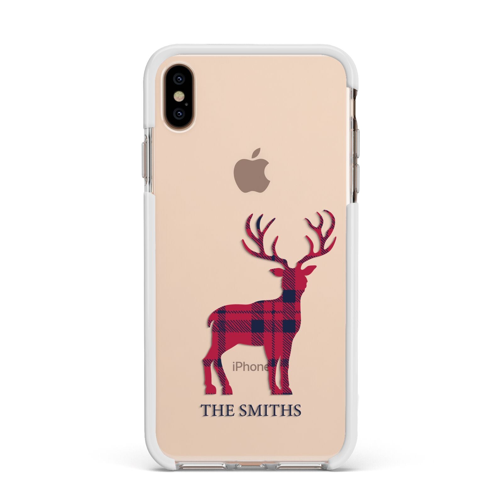 Christmas Tartan Reindeer Personalised Apple iPhone Xs Max Impact Case White Edge on Gold Phone