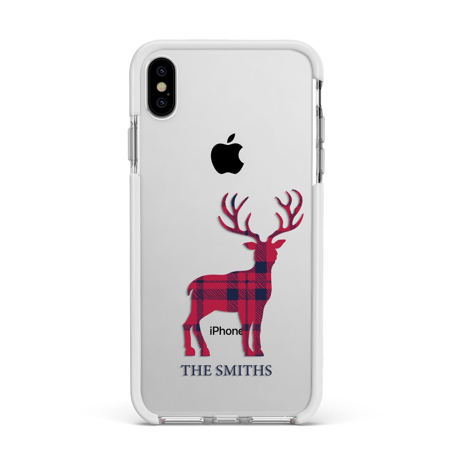 Christmas Tartan Reindeer Personalised Apple iPhone Xs Max Impact Case White Edge on Silver Phone