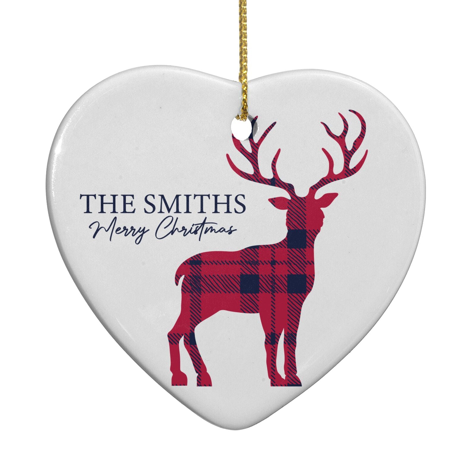 Christmas Tartan Reindeer Personalised Heart Decoration Back Image