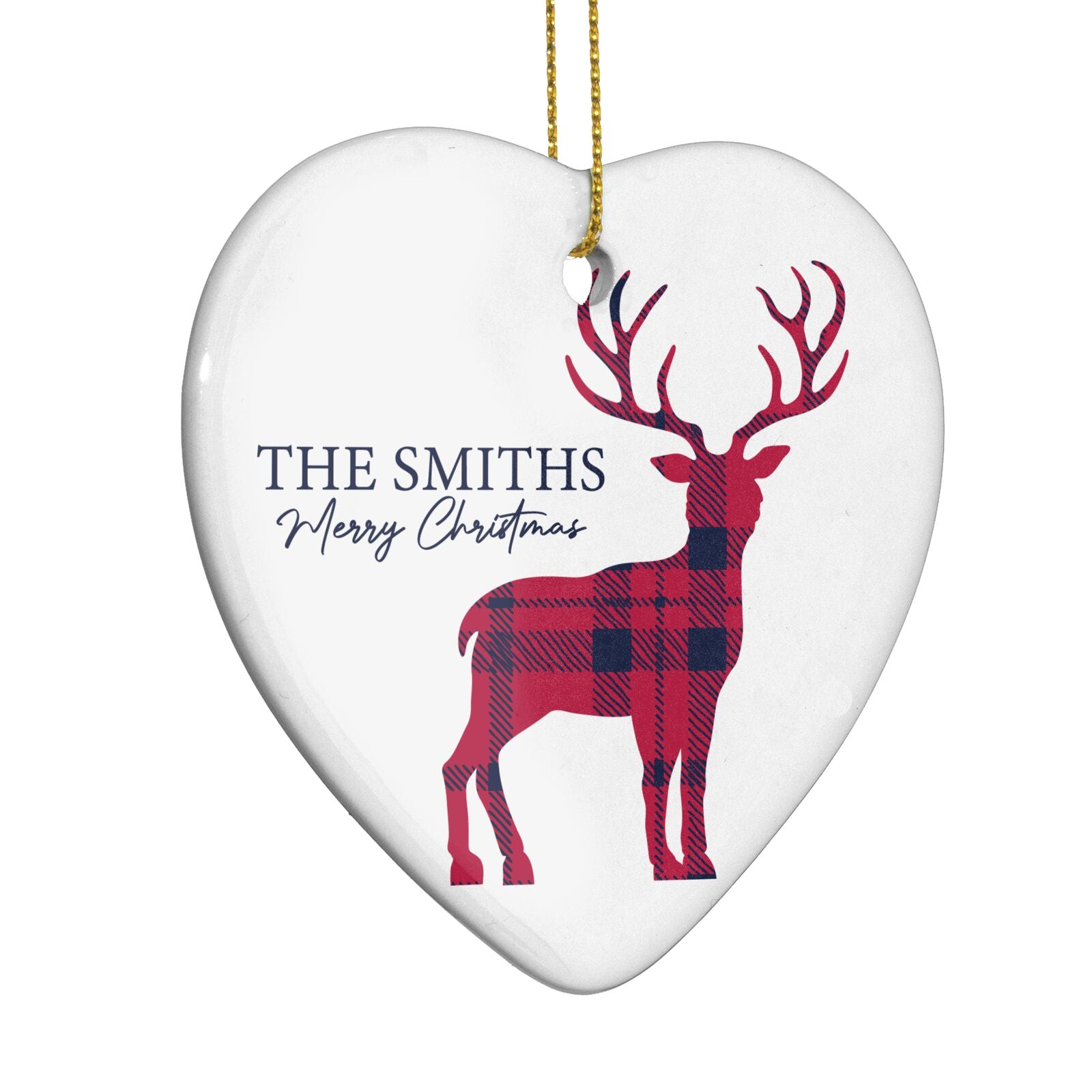 Christmas Tartan Reindeer Personalised Heart Decoration Side Angle