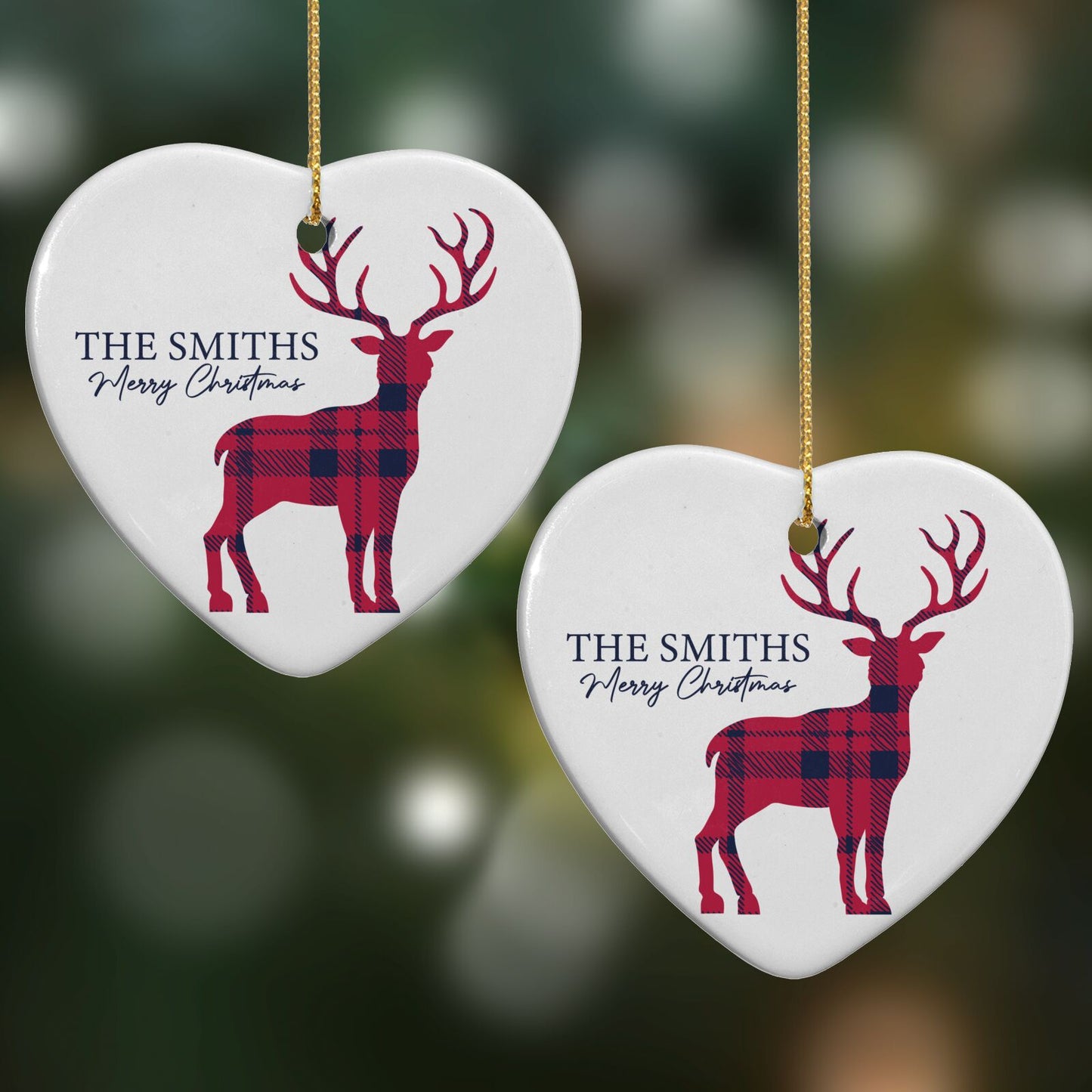 Christmas Tartan Reindeer Personalised Heart Decoration on Christmas Background