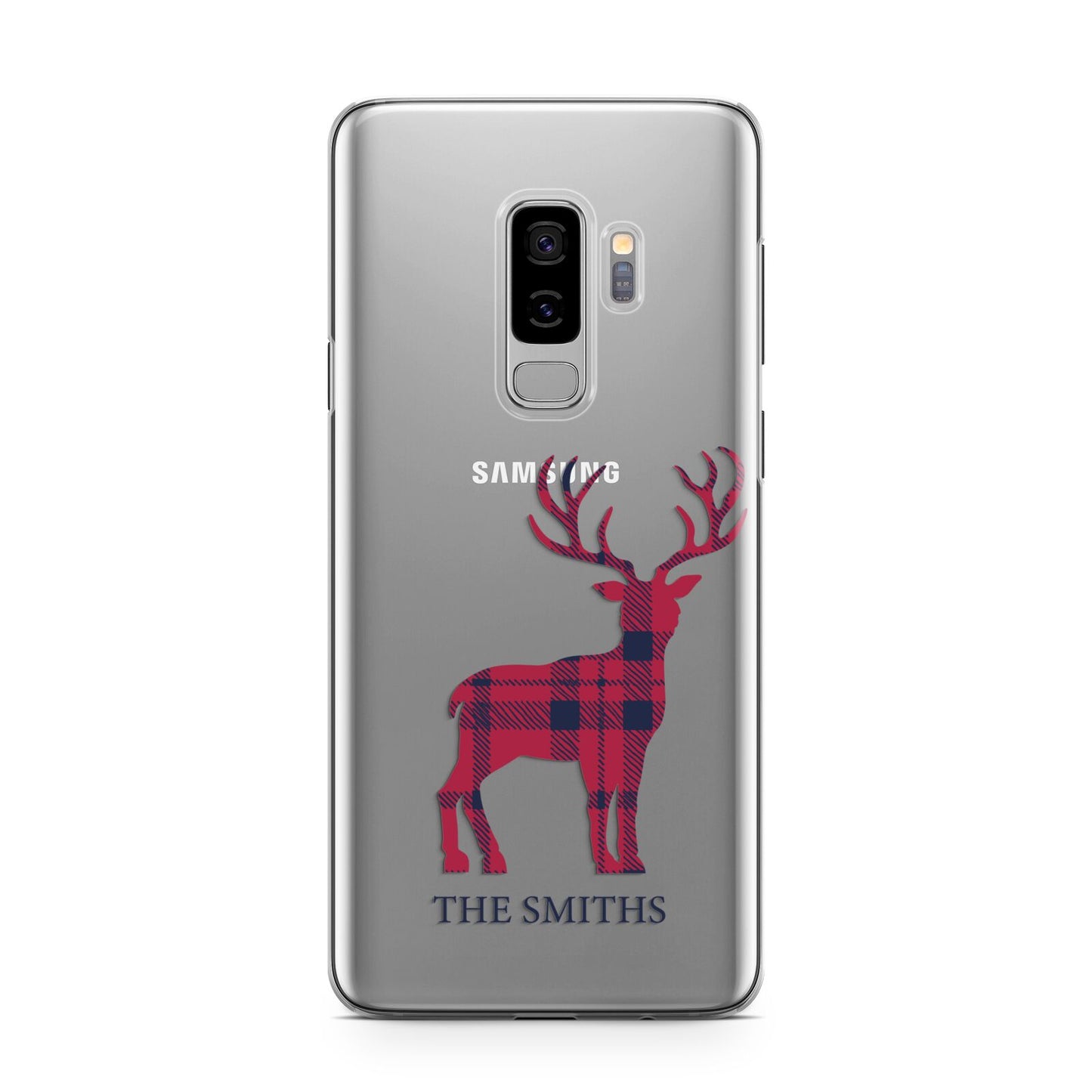 Christmas Tartan Reindeer Personalised Samsung Galaxy S9 Plus Case on Silver phone