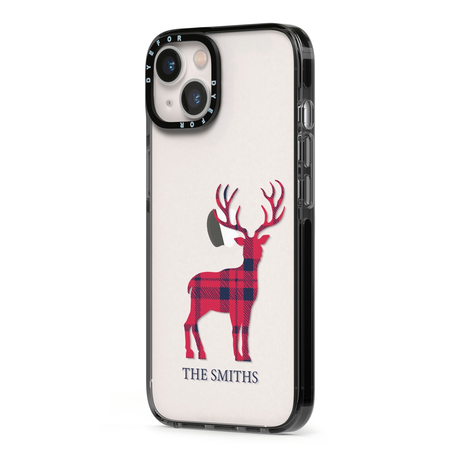 Christmas Tartan Reindeer Personalised iPhone 13 Black Impact Case Side Angle on Silver phone