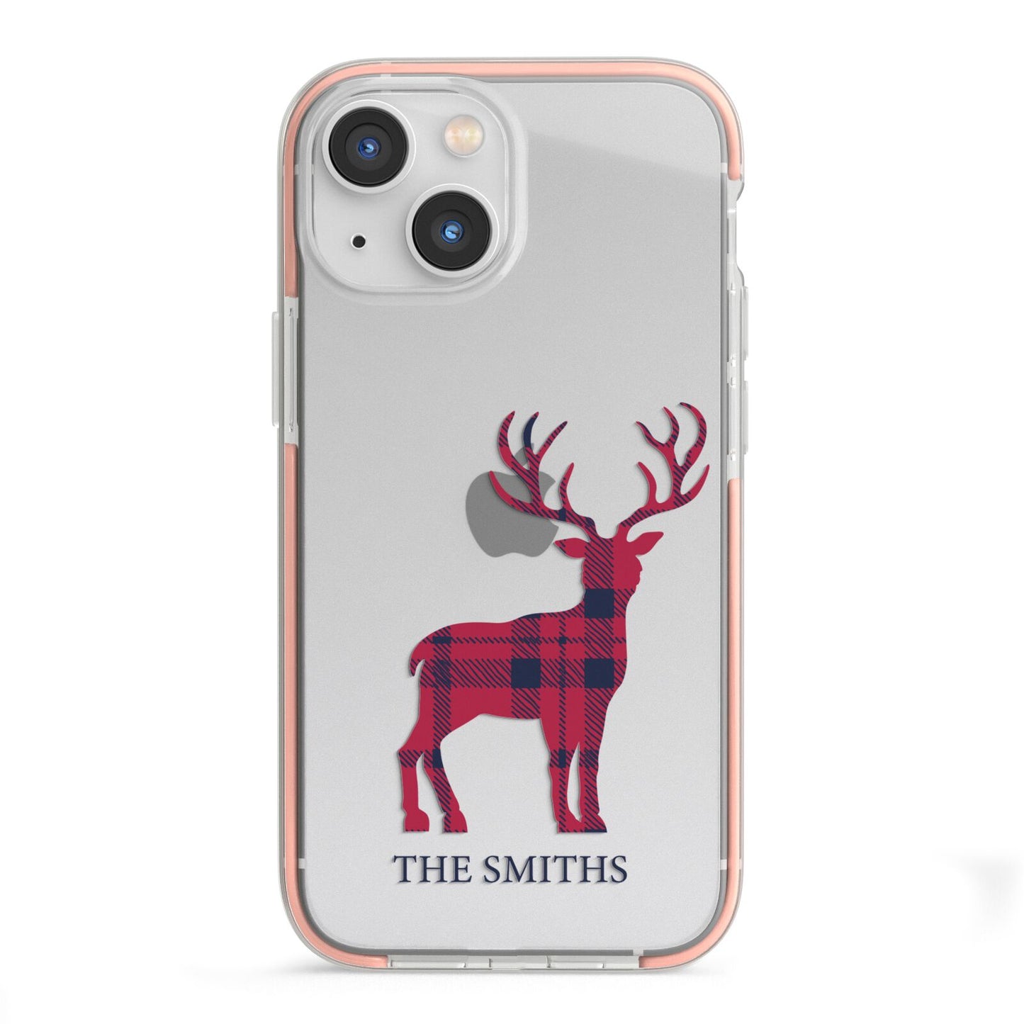 Christmas Tartan Reindeer Personalised iPhone 13 Mini TPU Impact Case with Pink Edges