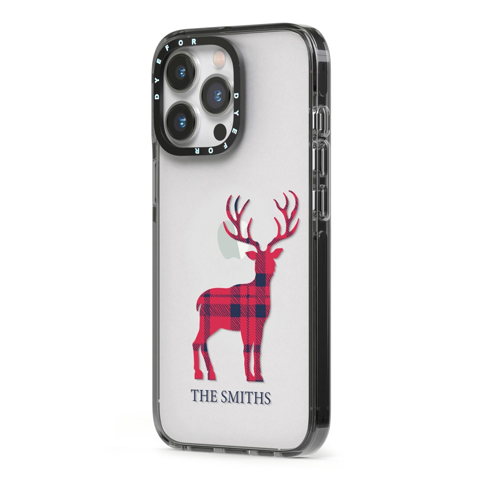 Christmas Tartan Reindeer Personalised iPhone 13 Pro Black Impact Case Side Angle on Silver phone