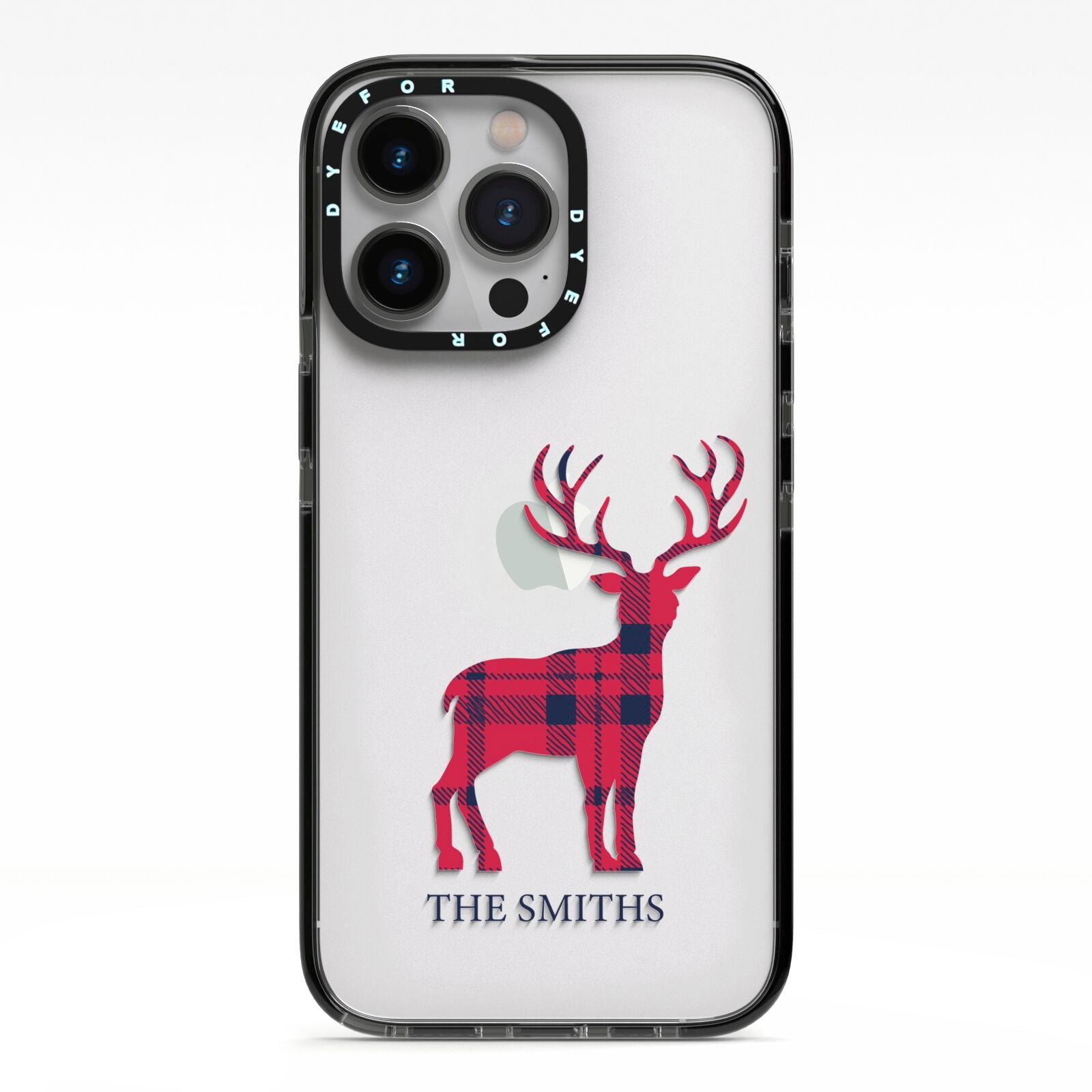 Christmas Tartan Reindeer Personalised iPhone 13 Pro Black Impact Case on Silver phone