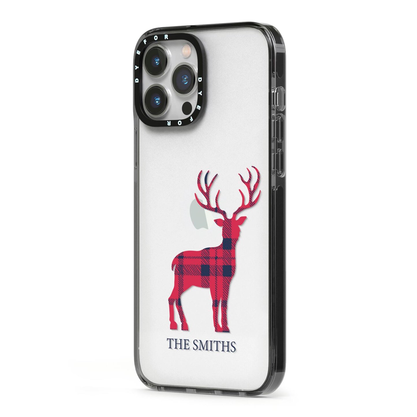 Christmas Tartan Reindeer Personalised iPhone 13 Pro Max Black Impact Case Side Angle on Silver phone