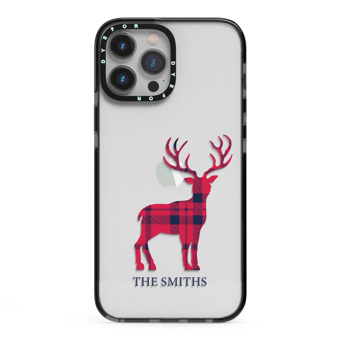 Christmas Tartan Reindeer Personalised iPhone 13 Pro Max Black Impact Case on Silver phone