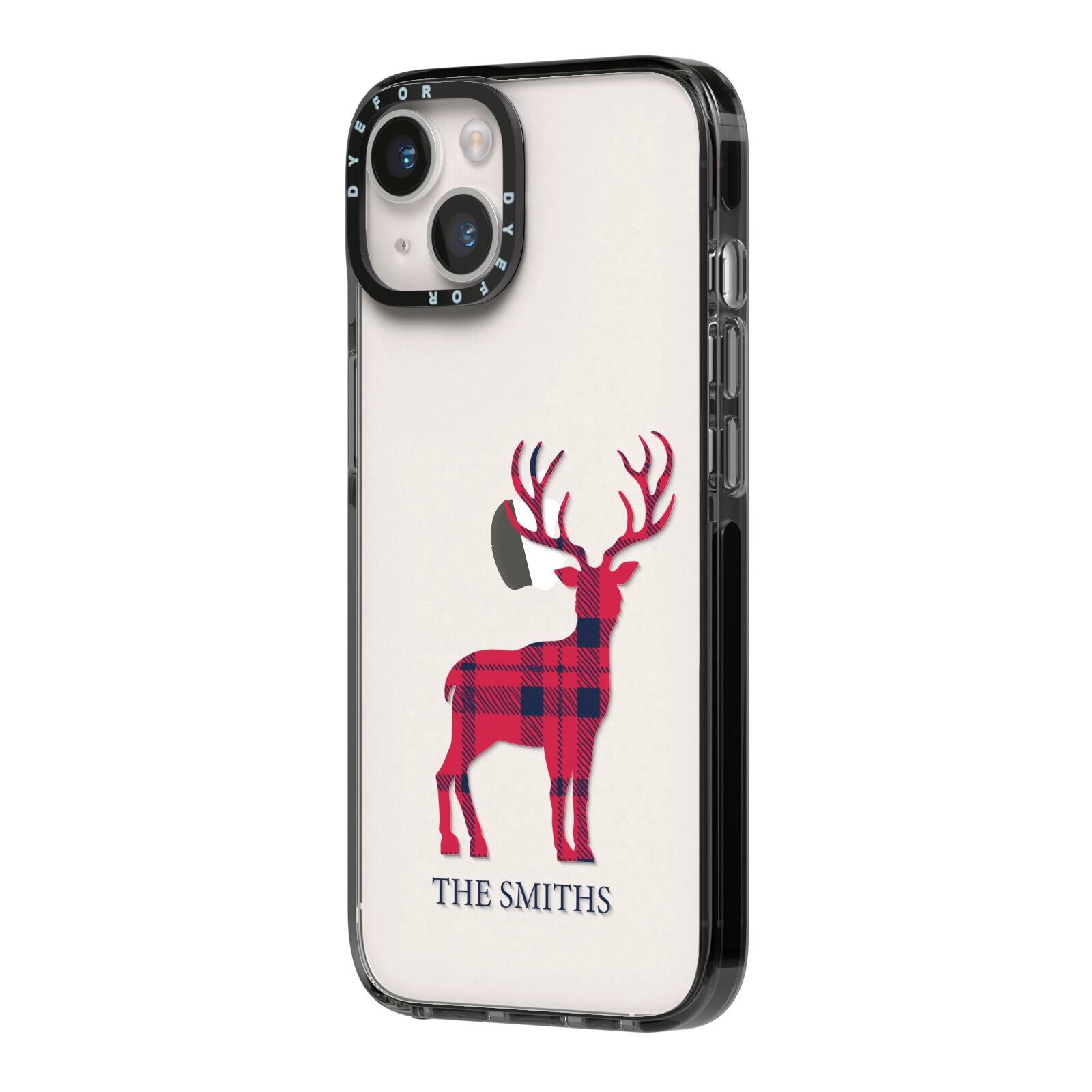 Christmas Tartan Reindeer Personalised iPhone 14 Black Impact Case Side Angle on Silver phone