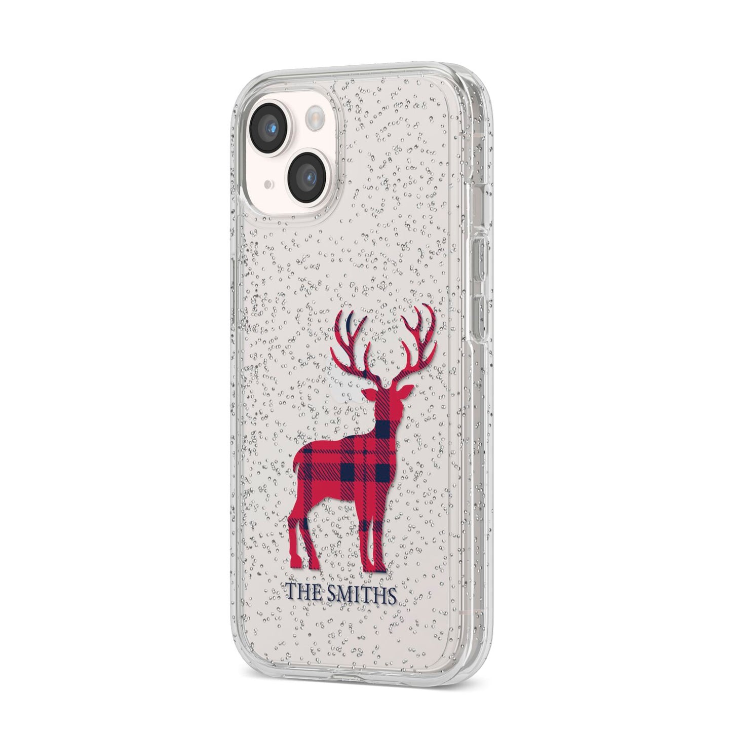 Christmas Tartan Reindeer Personalised iPhone 14 Glitter Tough Case Starlight Angled Image