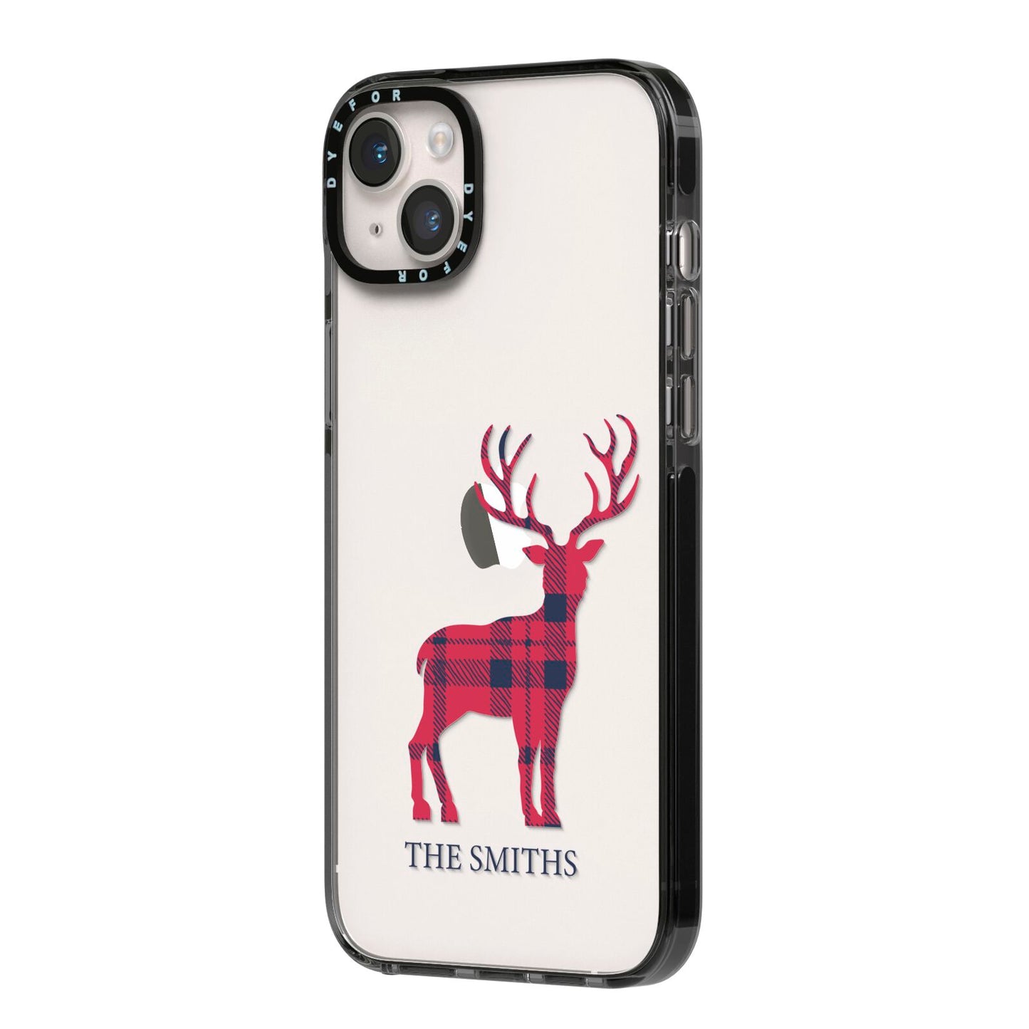 Christmas Tartan Reindeer Personalised iPhone 14 Plus Black Impact Case Side Angle on Silver phone