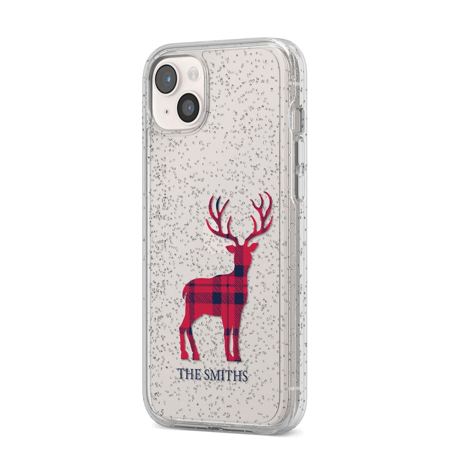 Christmas Tartan Reindeer Personalised iPhone 14 Plus Glitter Tough Case Starlight Angled Image