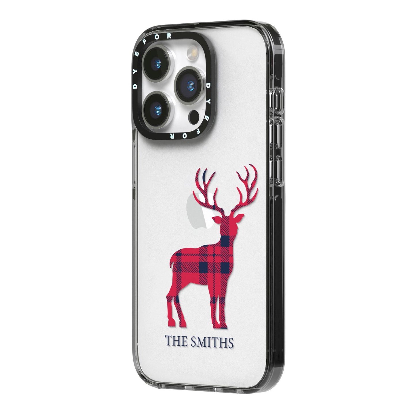 Christmas Tartan Reindeer Personalised iPhone 14 Pro Black Impact Case Side Angle on Silver phone