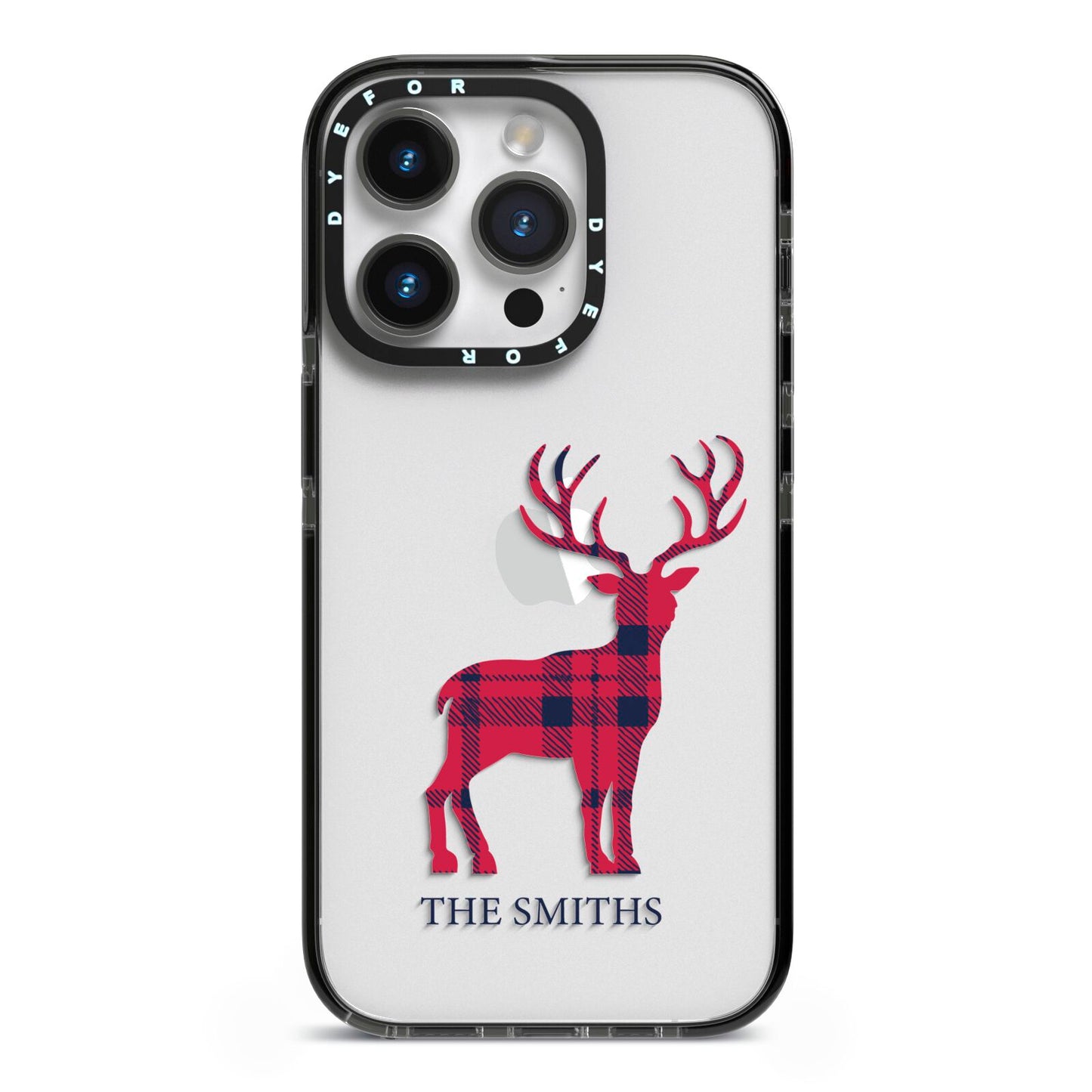 Christmas Tartan Reindeer Personalised iPhone 14 Pro Black Impact Case on Silver phone