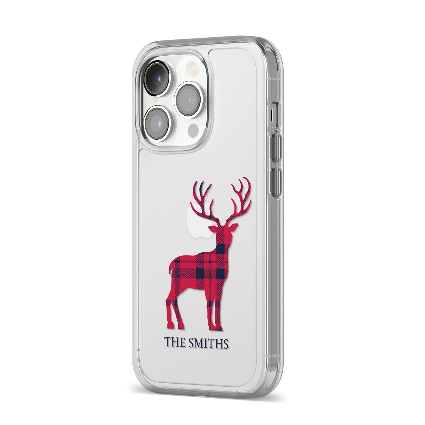 Christmas Tartan Reindeer Personalised iPhone 14 Pro Clear Tough Case Silver Angled Image