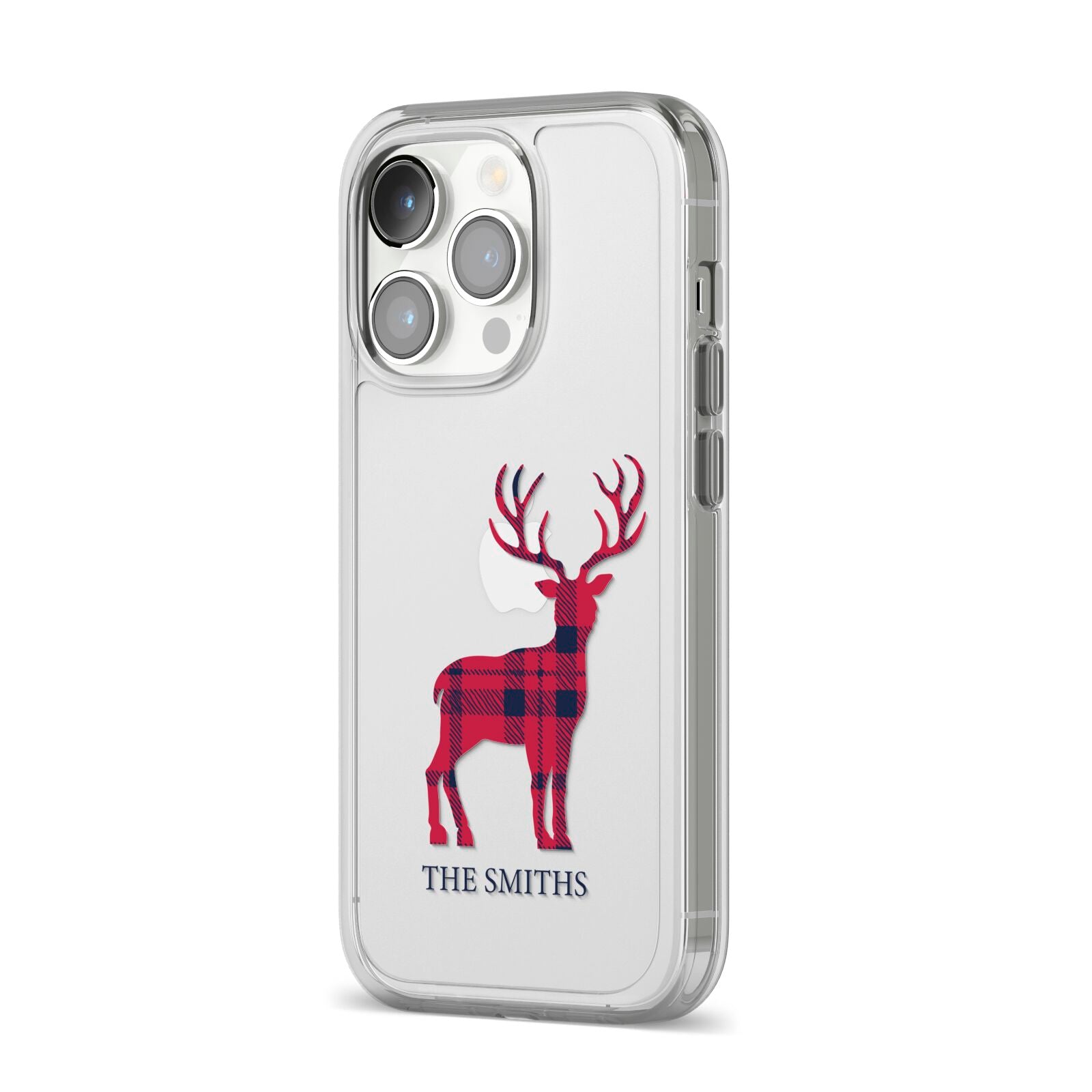 Christmas Tartan Reindeer Personalised iPhone 14 Pro Clear Tough Case Silver Angled Image