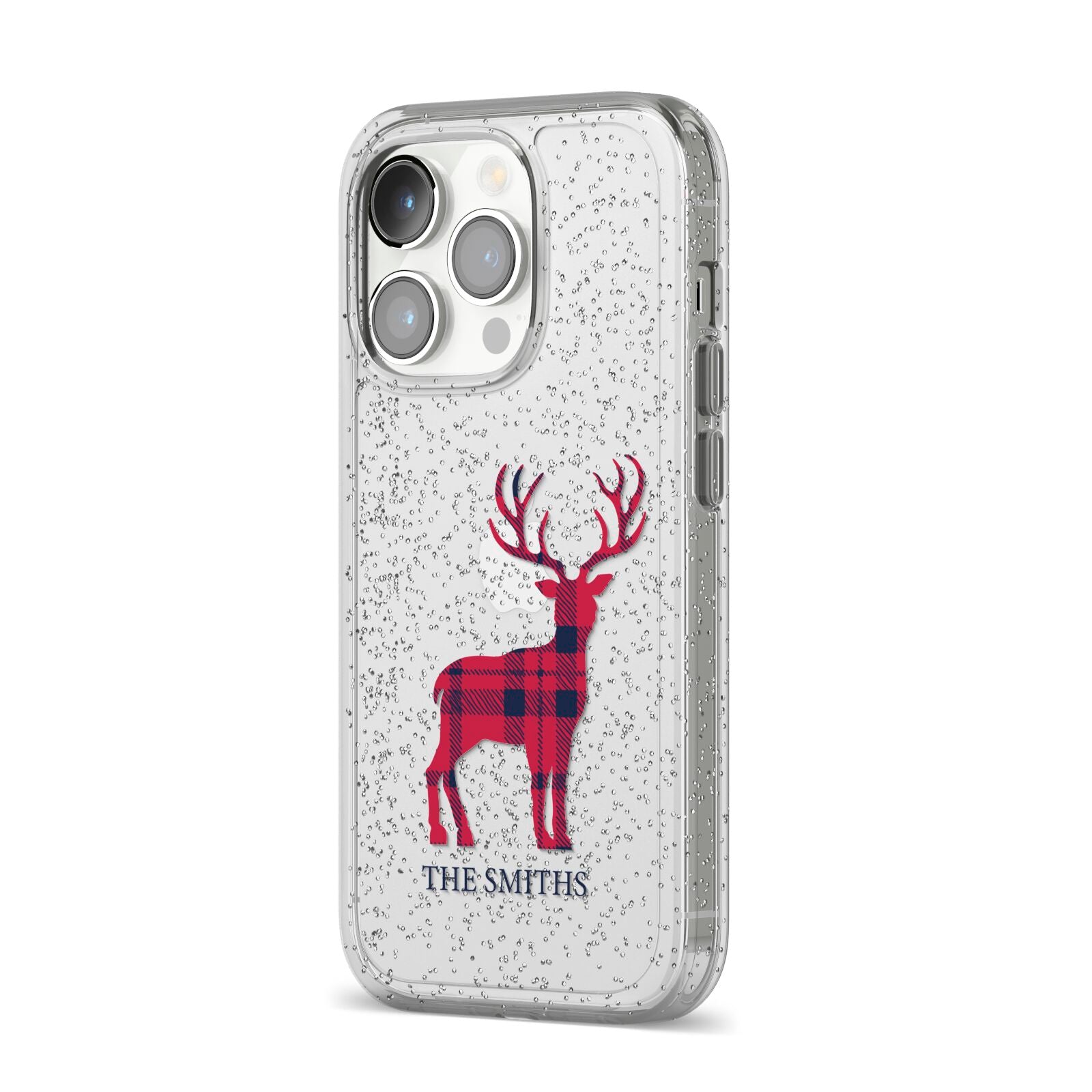 Christmas Tartan Reindeer Personalised iPhone 14 Pro Glitter Tough Case Silver Angled Image